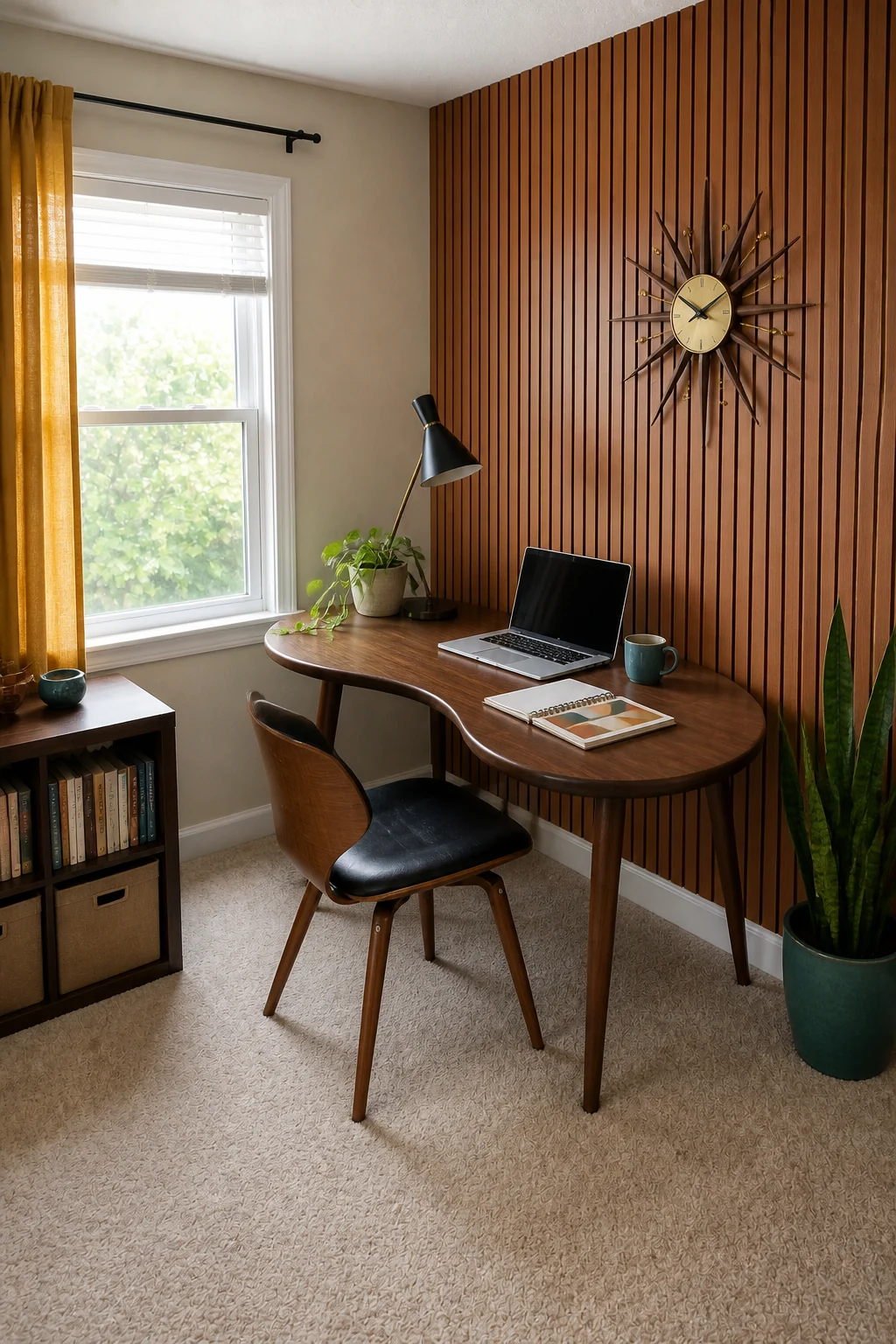 The same room styled as 1950s Mid-Century