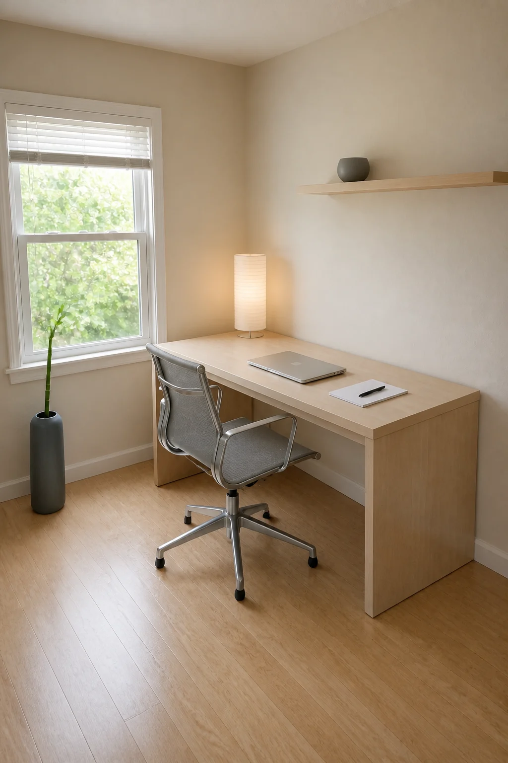 The same room styled as 1990s Zen Minimalist