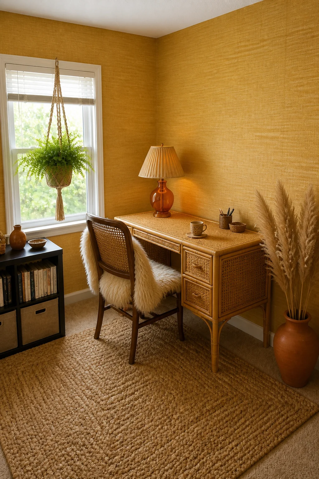 The same room styled as 1970s Earthy Boho