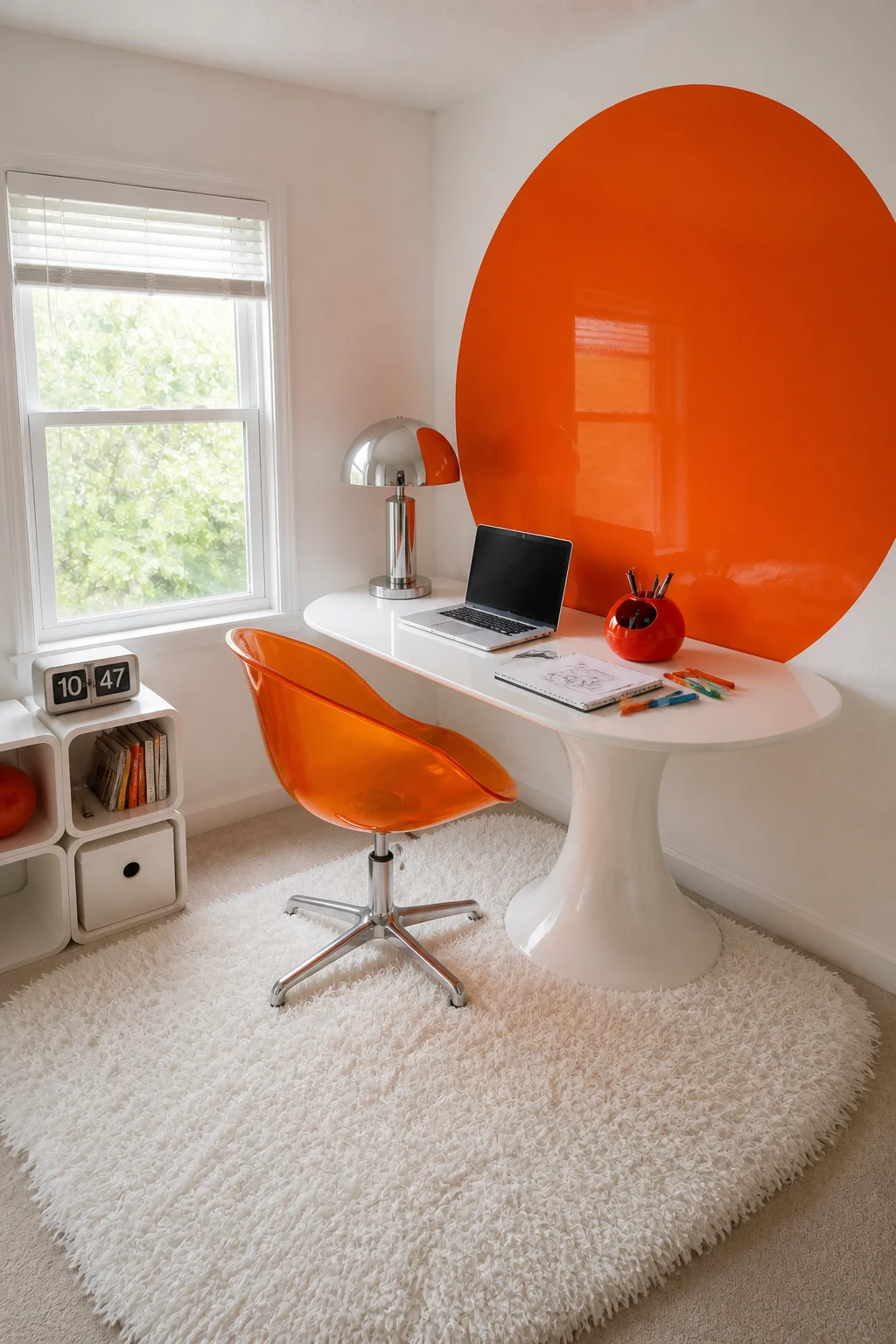 The same room styled as 1960s Space Age