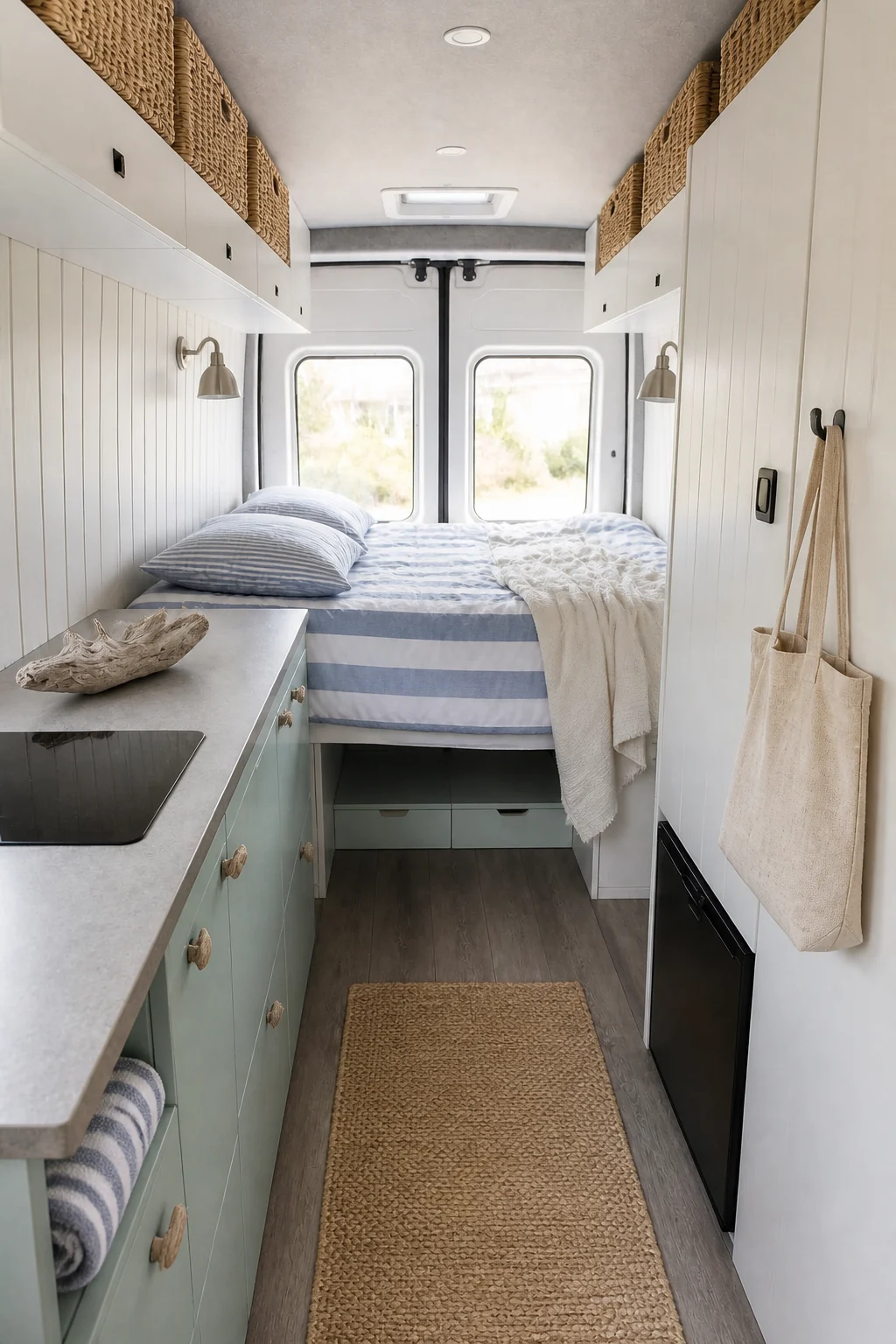 The same room styled as Coastal Boho