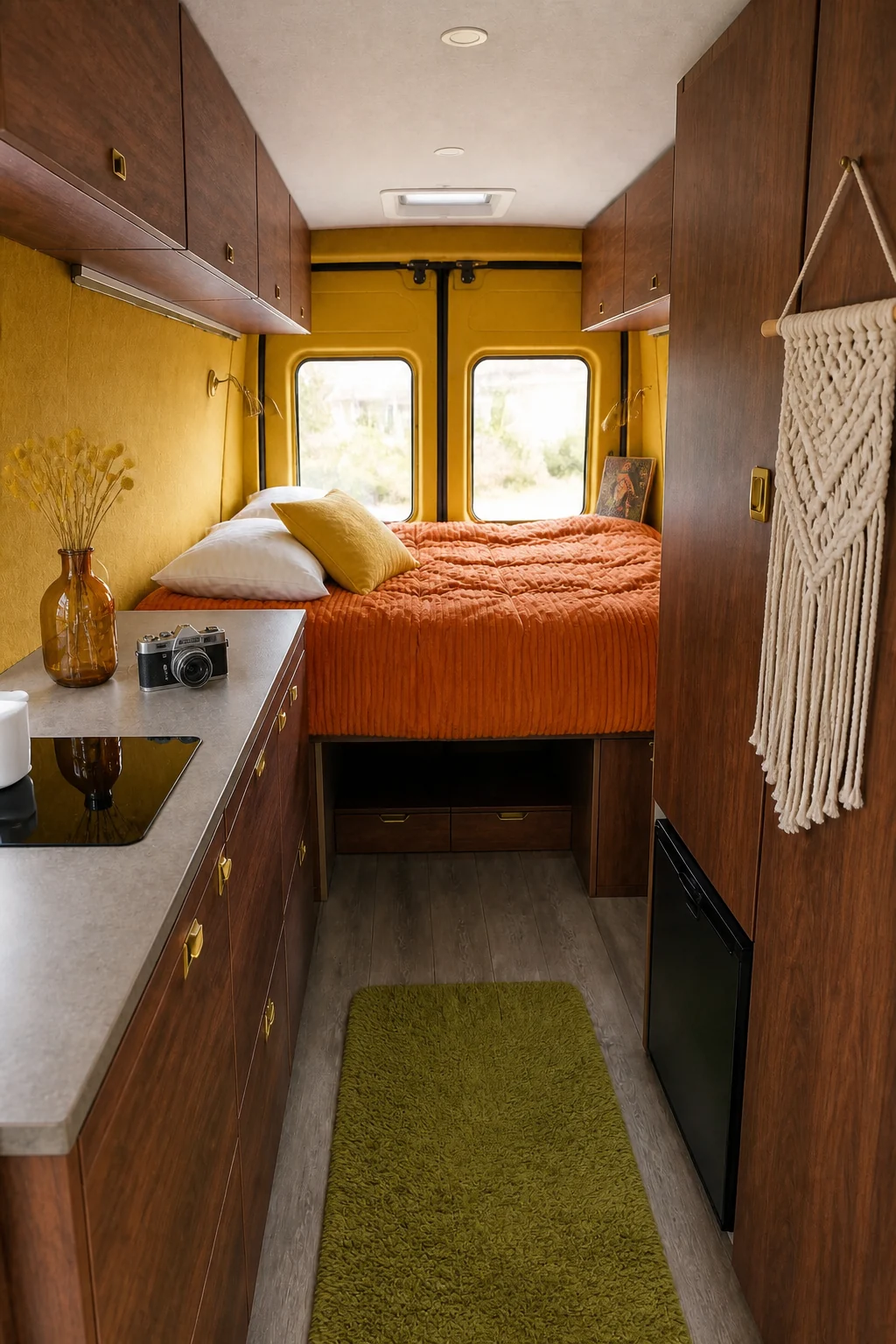 The same room styled as 70s Retro Boho