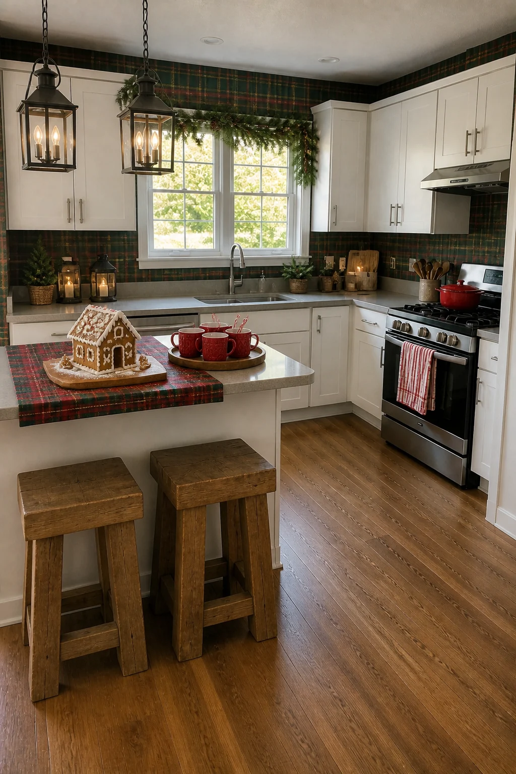 The same room styled as Cozy Cabin Holiday