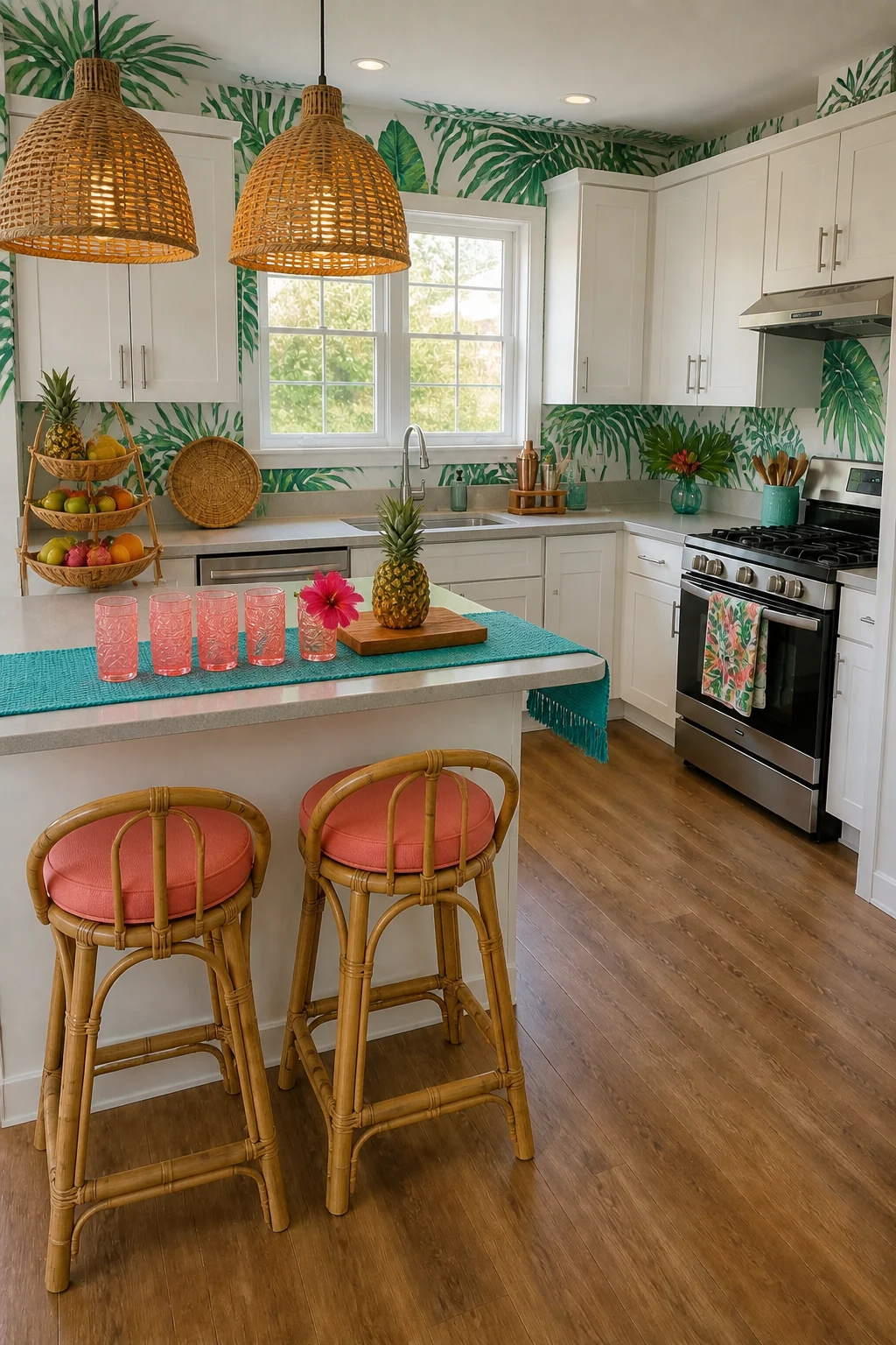 The same room styled as Tropical Luau Prep