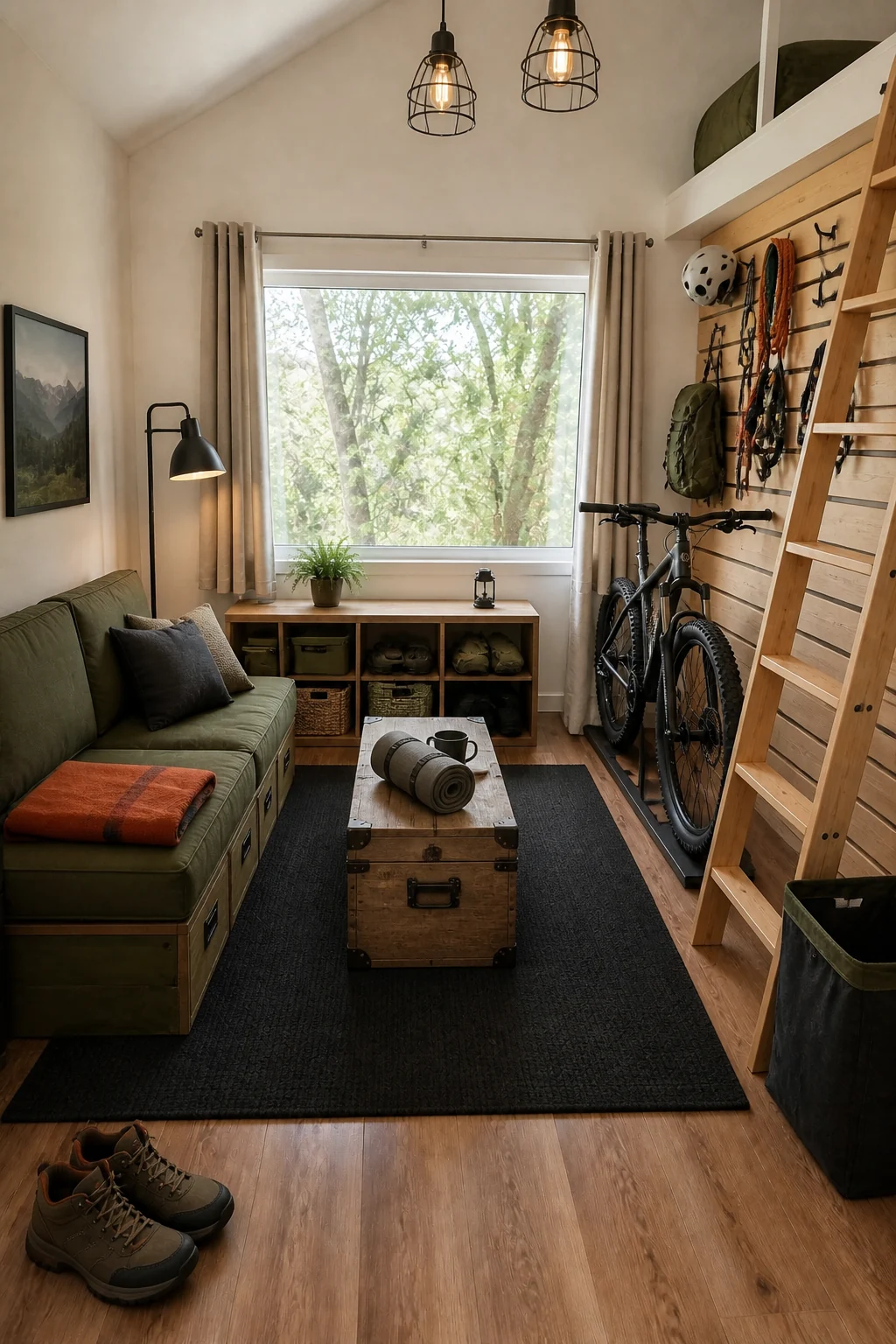 The same room styled as Adventure Basecamp