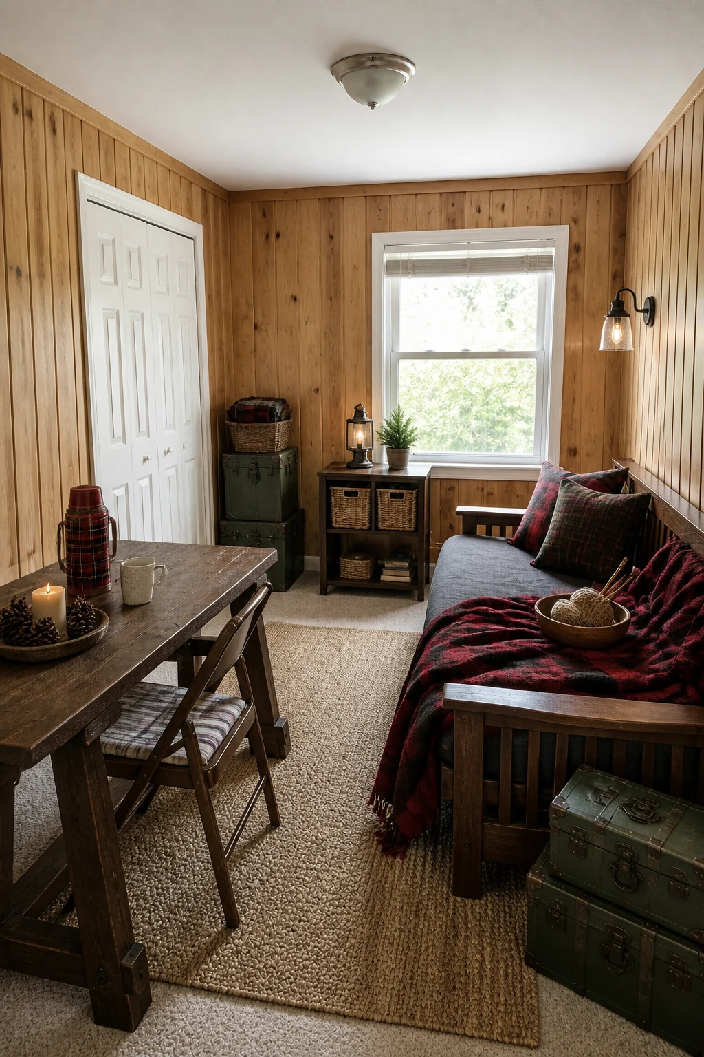 The same room styled as Cozy Cabin