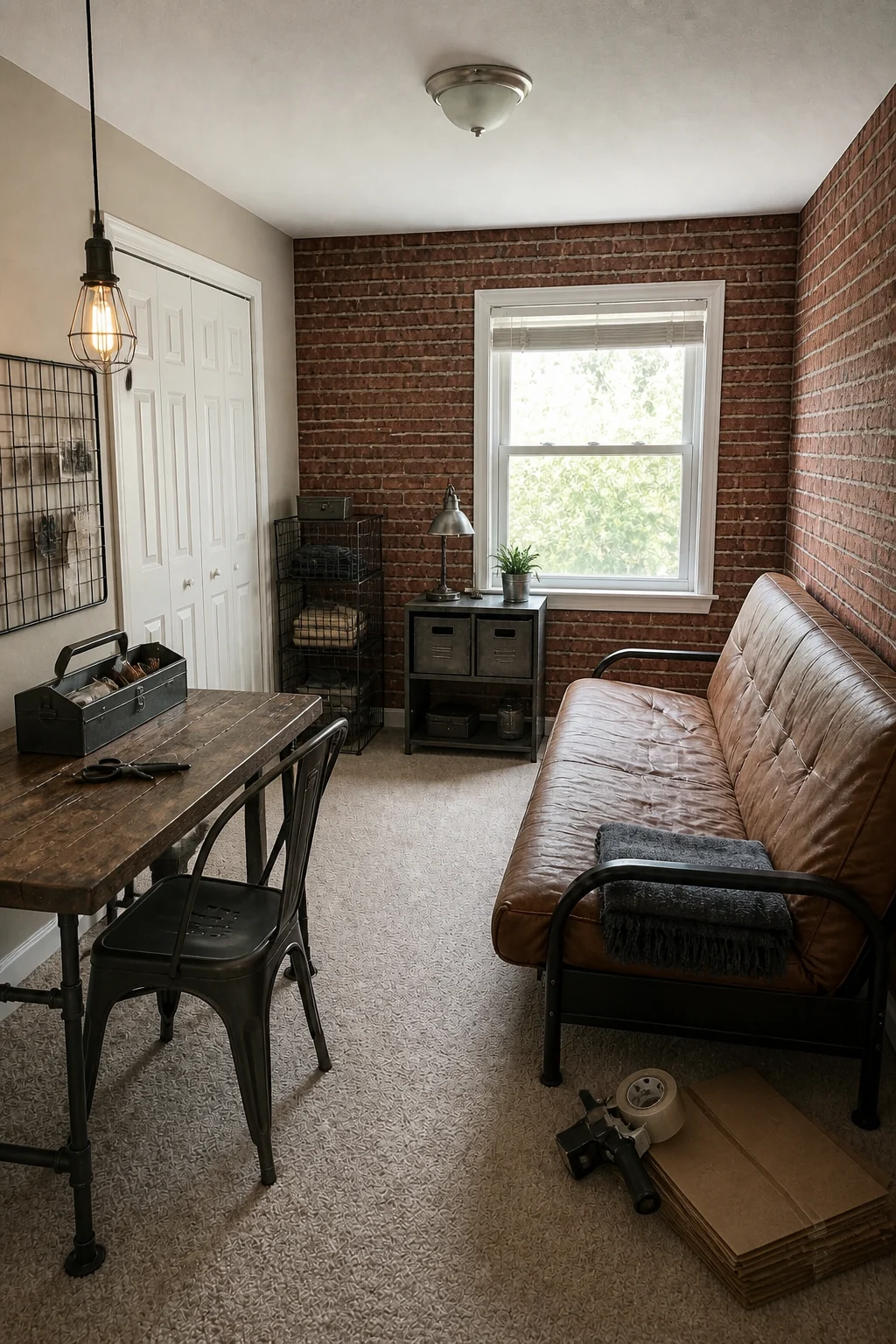 The same room styled as Industrial Loft