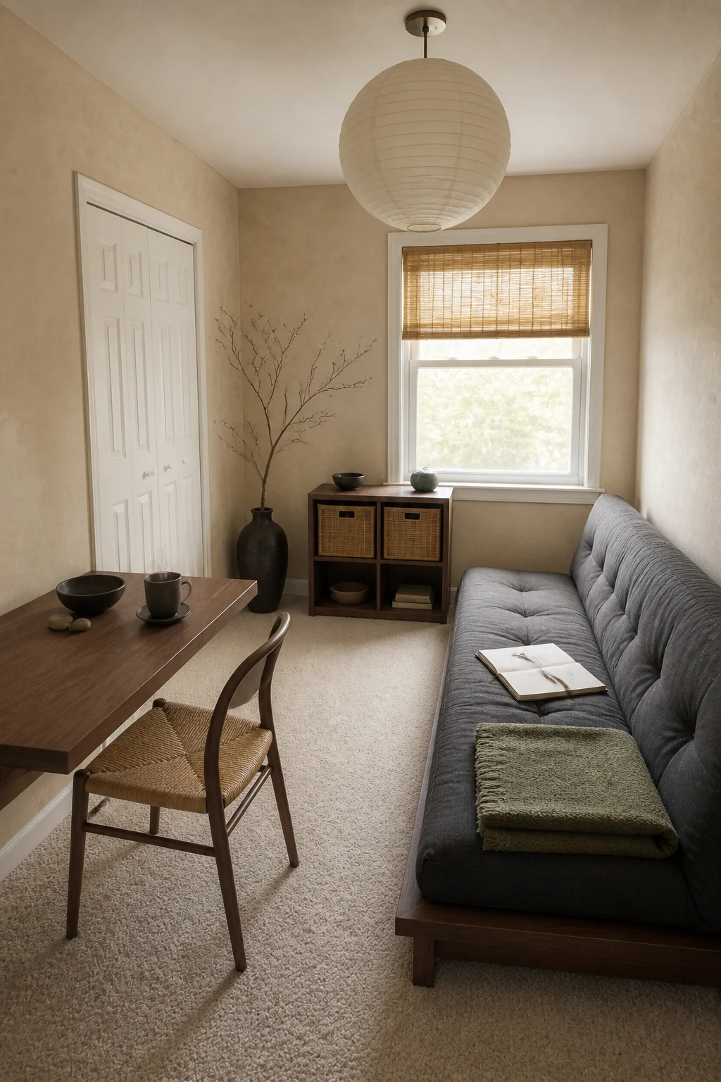 The same room styled as Japandi Zen