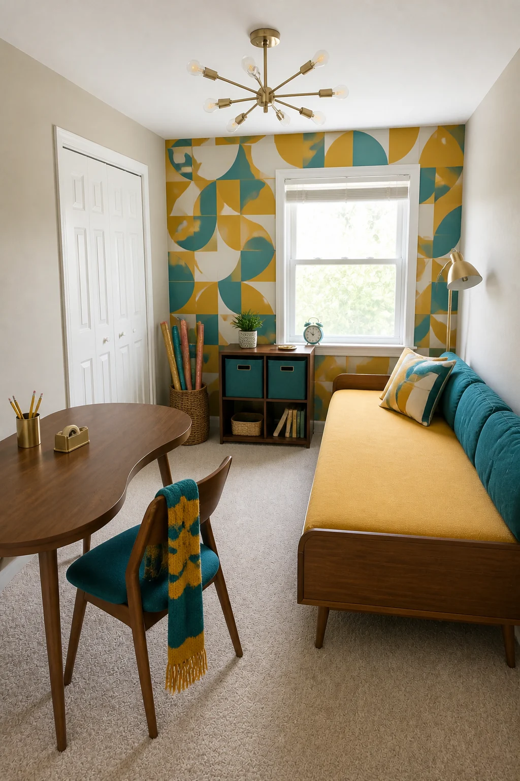 The same room styled as Mid-Century Bright