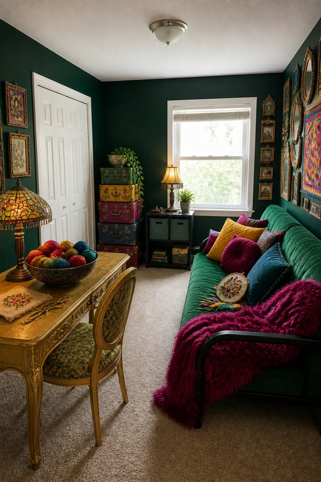 The same room styled as Moody Maximalist