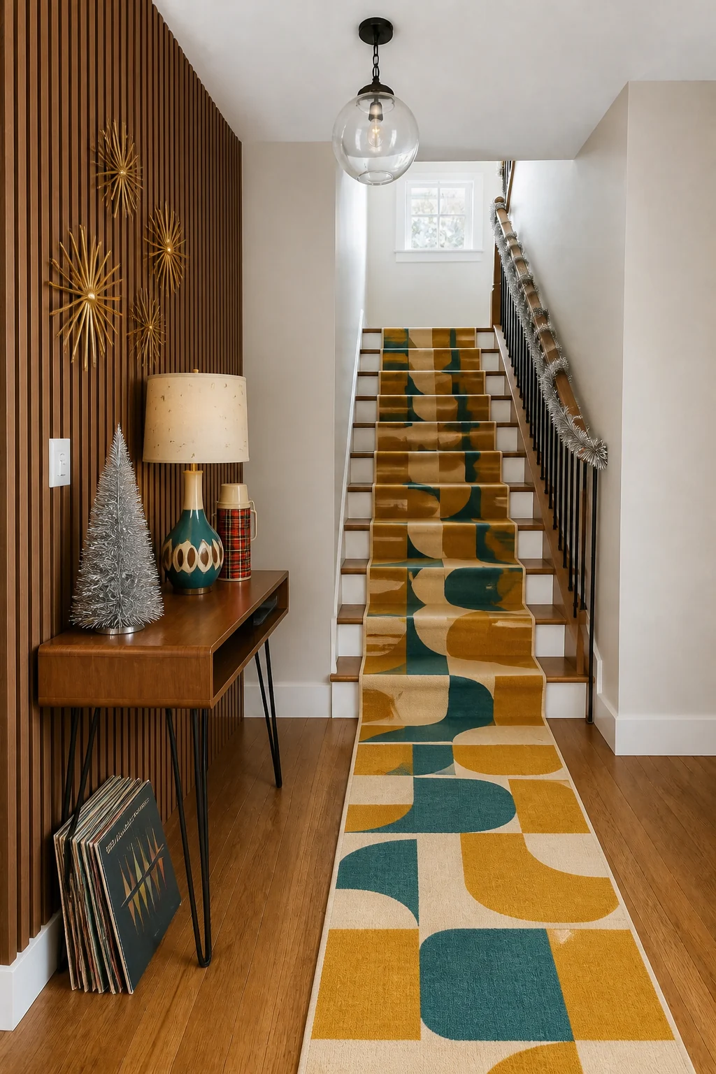 The same room styled as Mid-Century Modern