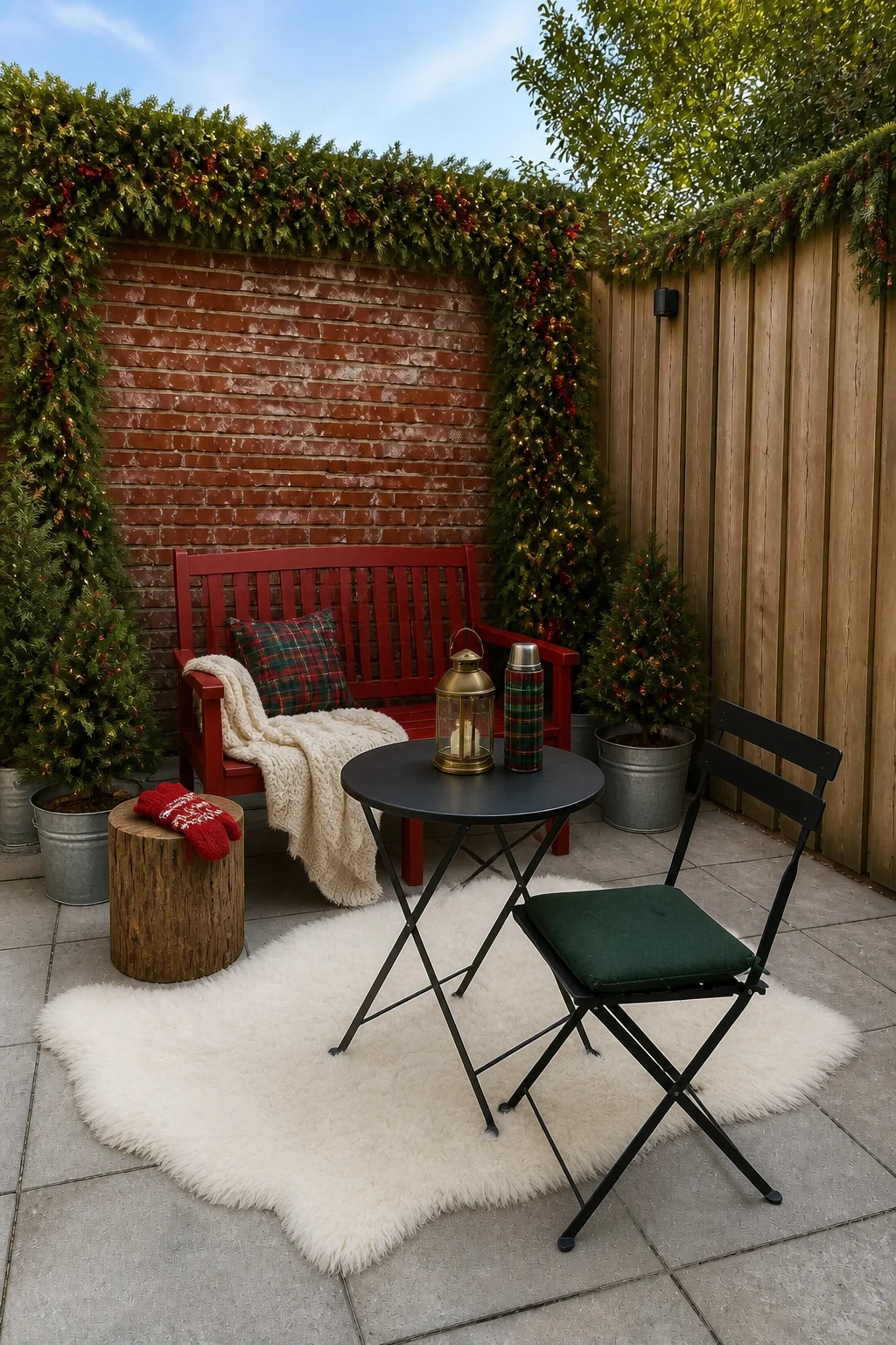 The same room styled as Classic Evergreen Christmas