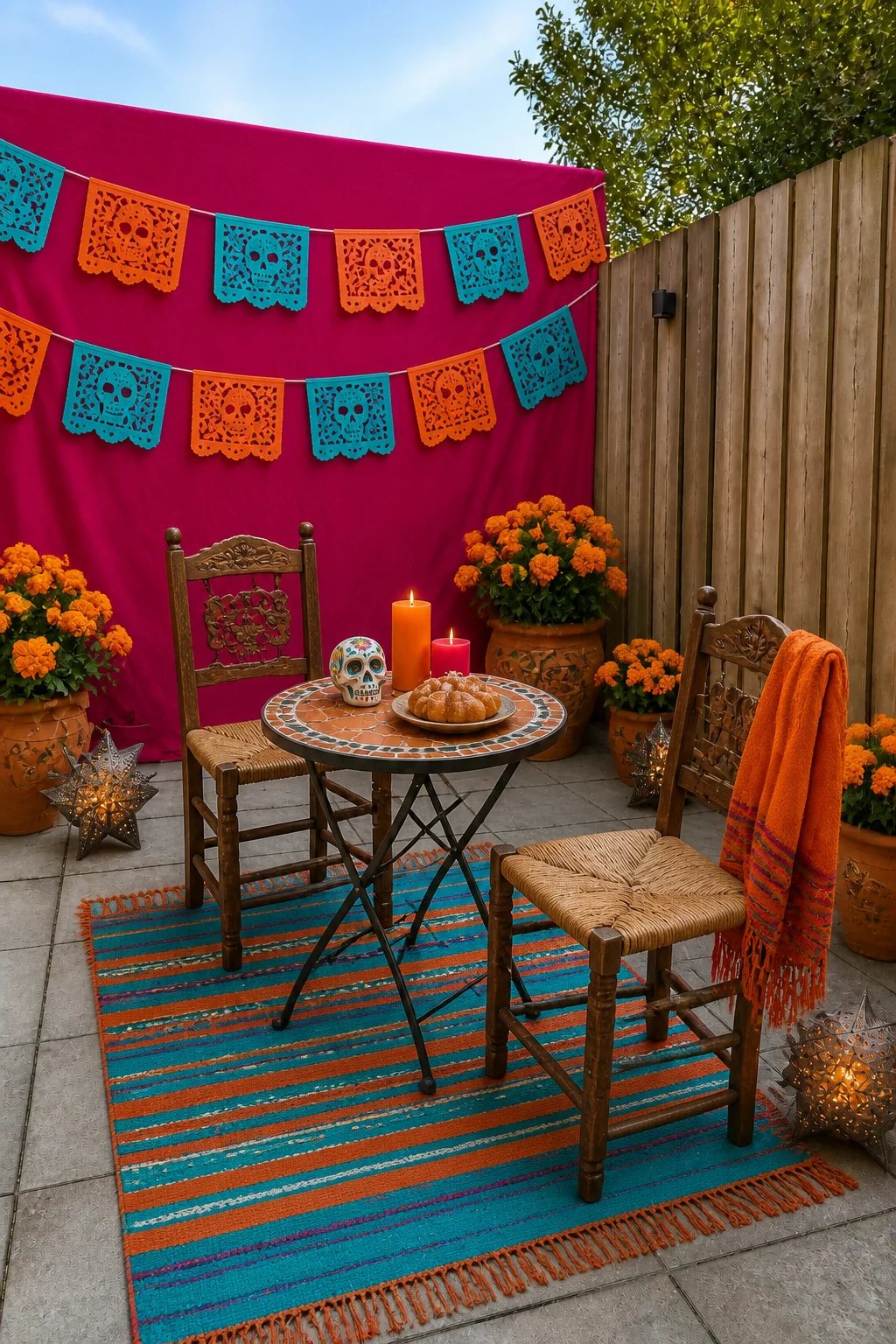 The same room styled as Vibrant D&iacute;a de los Muertos