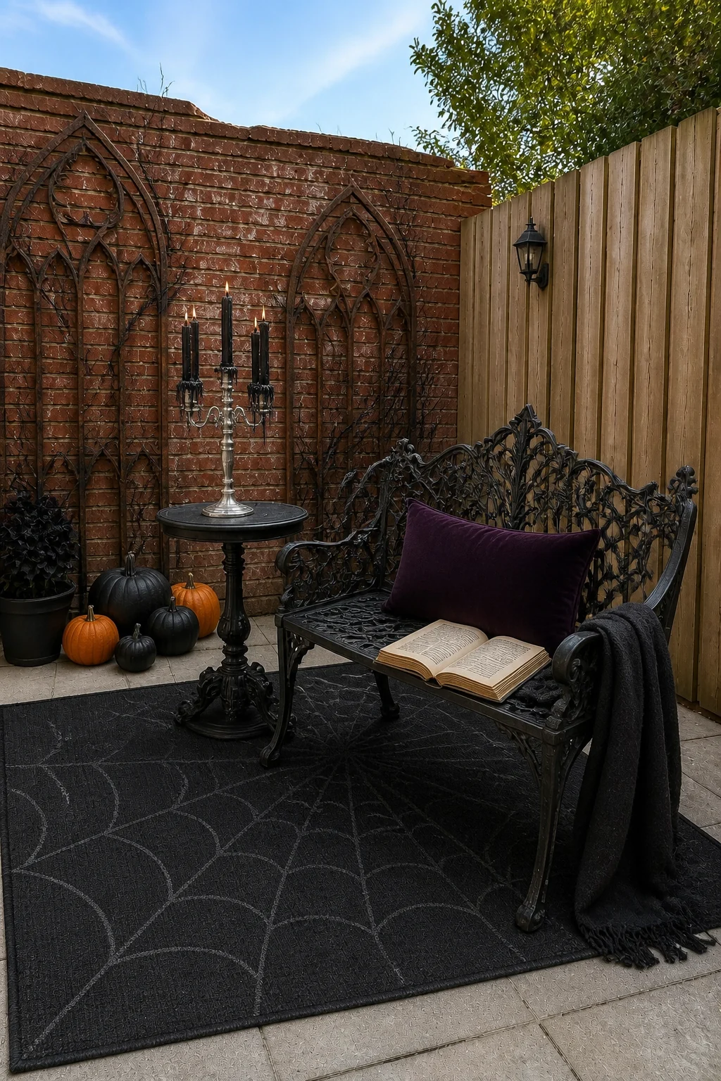 The same room styled as Gothic Halloween