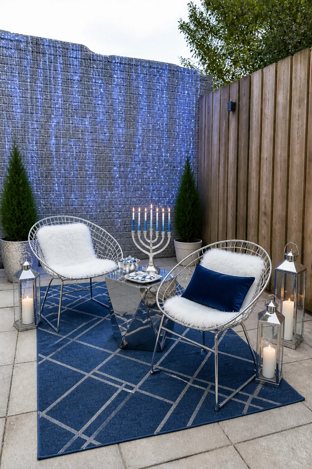 The same room styled as Modern Hanukkah