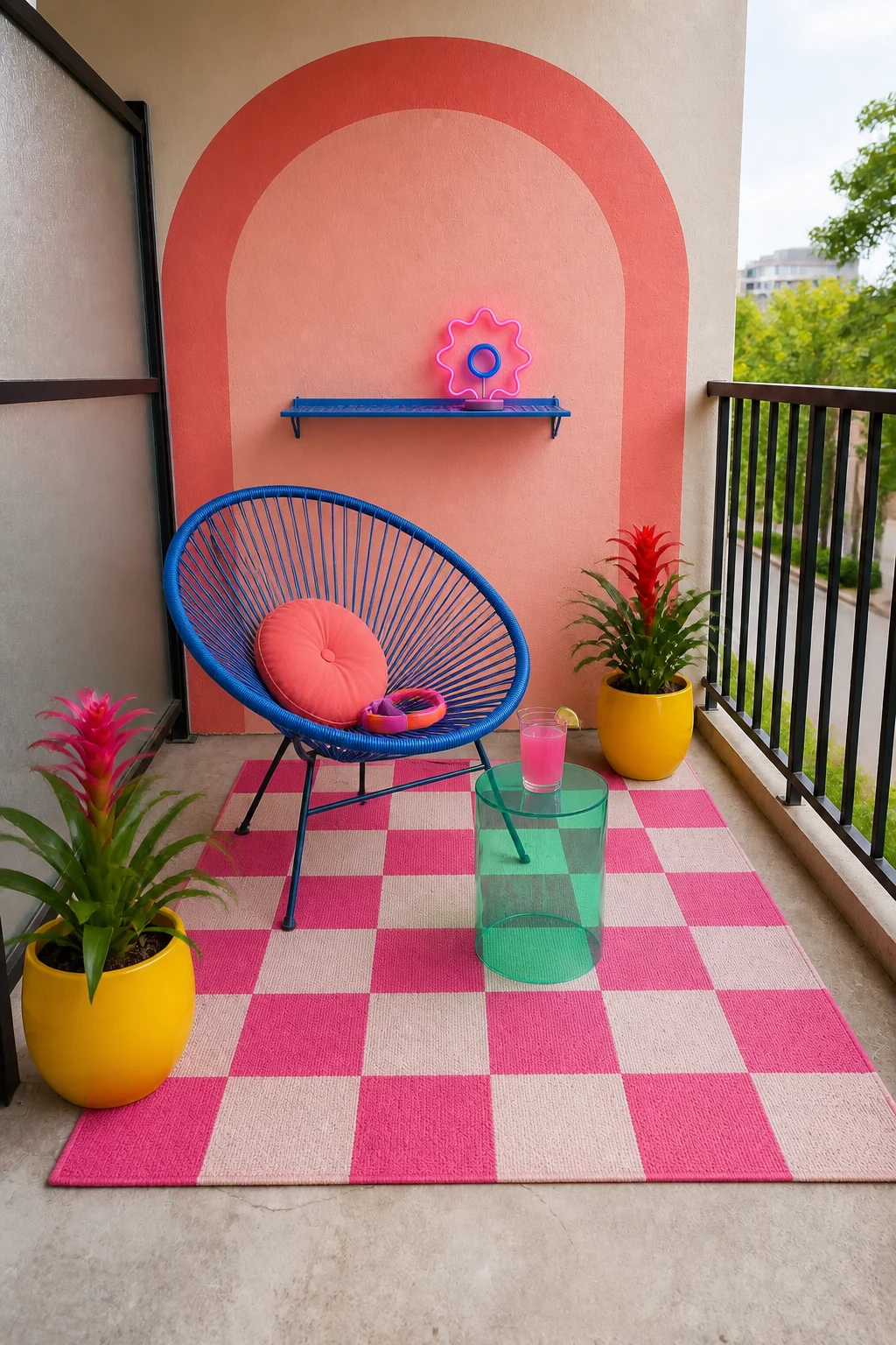 The same room styled as Maximalist Color-Block