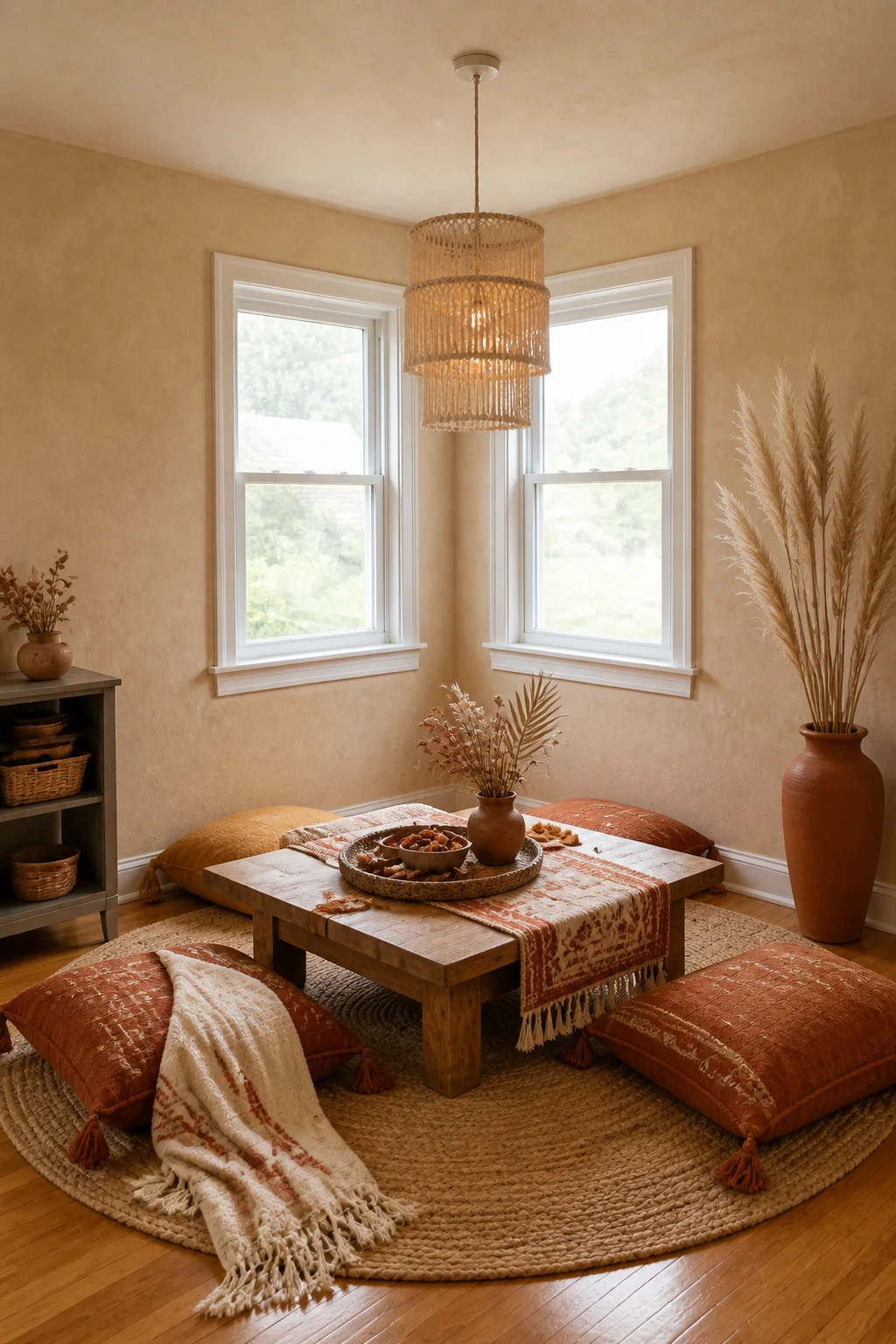 The same room styled as Boho Desert Picnic