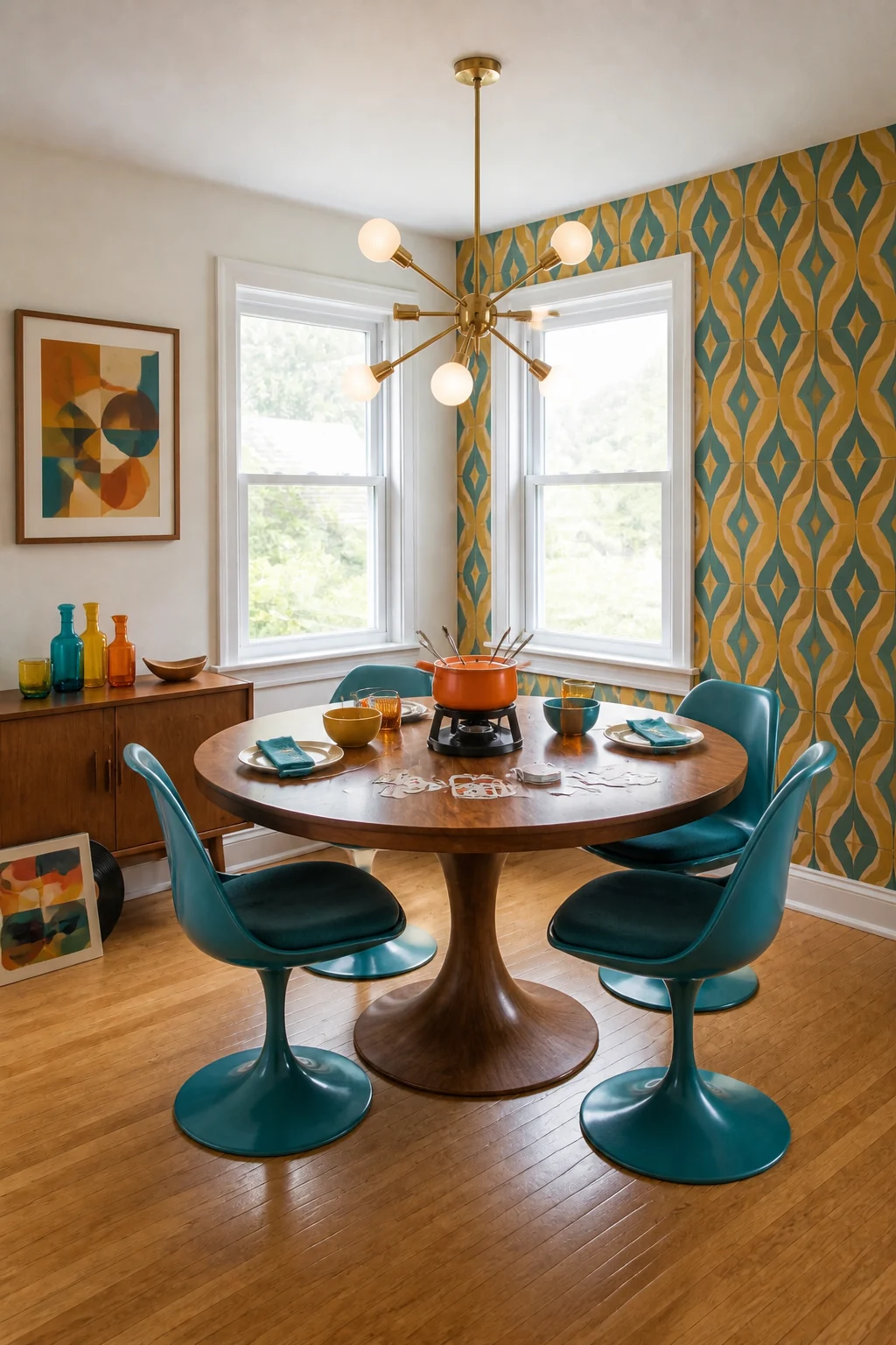 The same room styled as Mid-Century Fondue