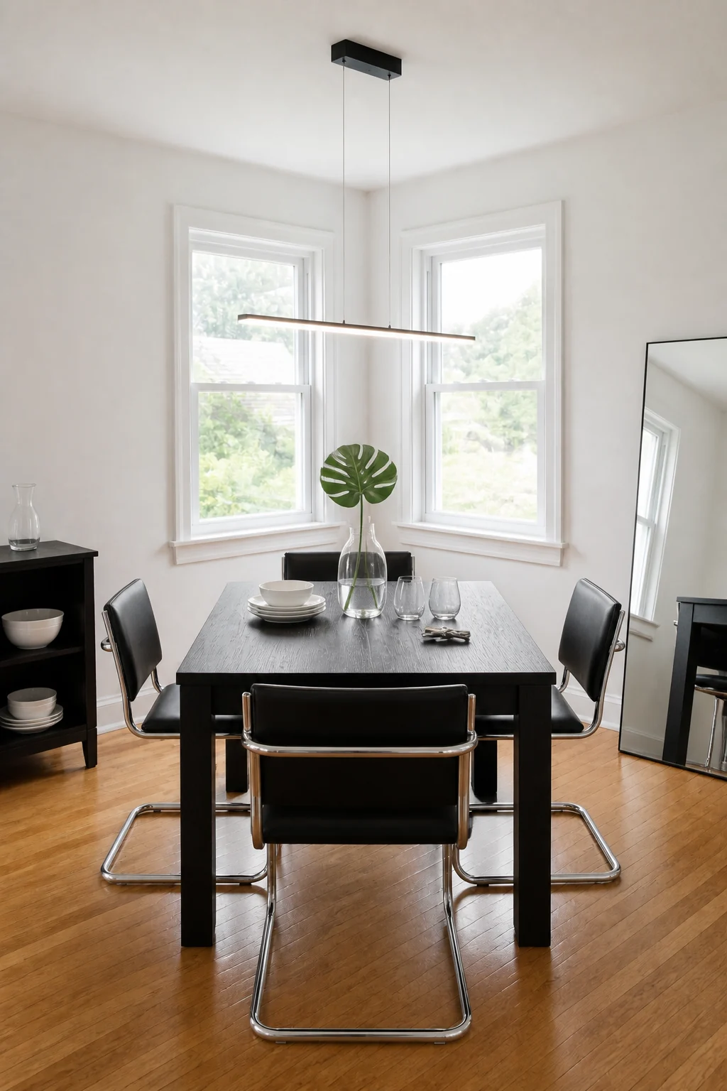 The same room styled as Modern Minimalist Dinner