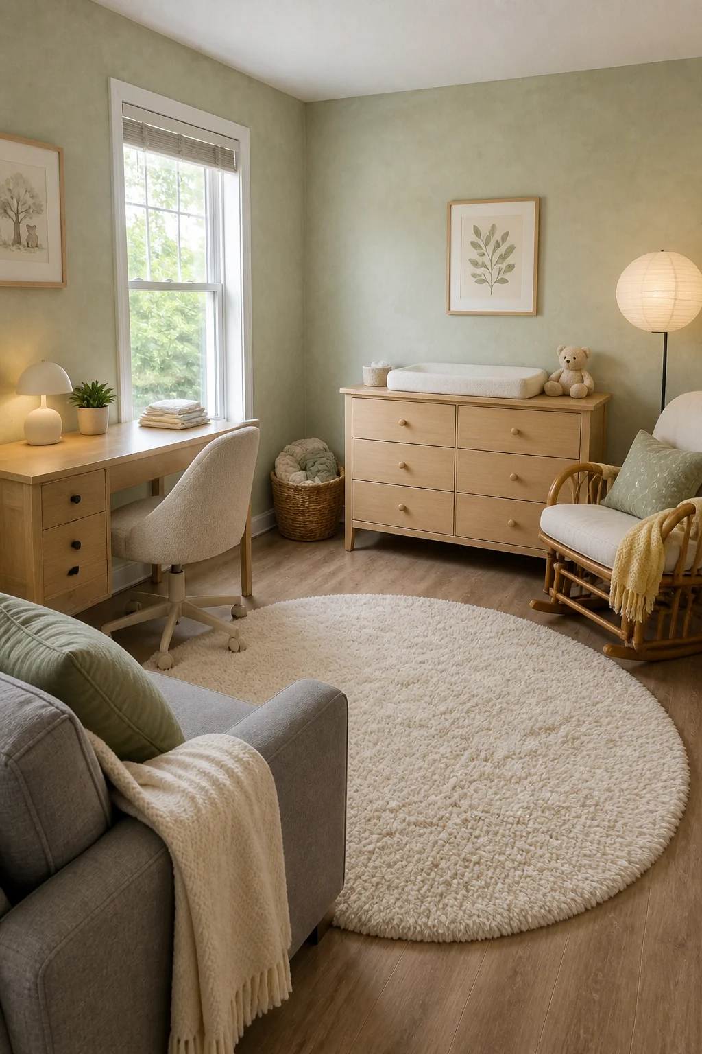 The same room styled as Nursery & Office Combo