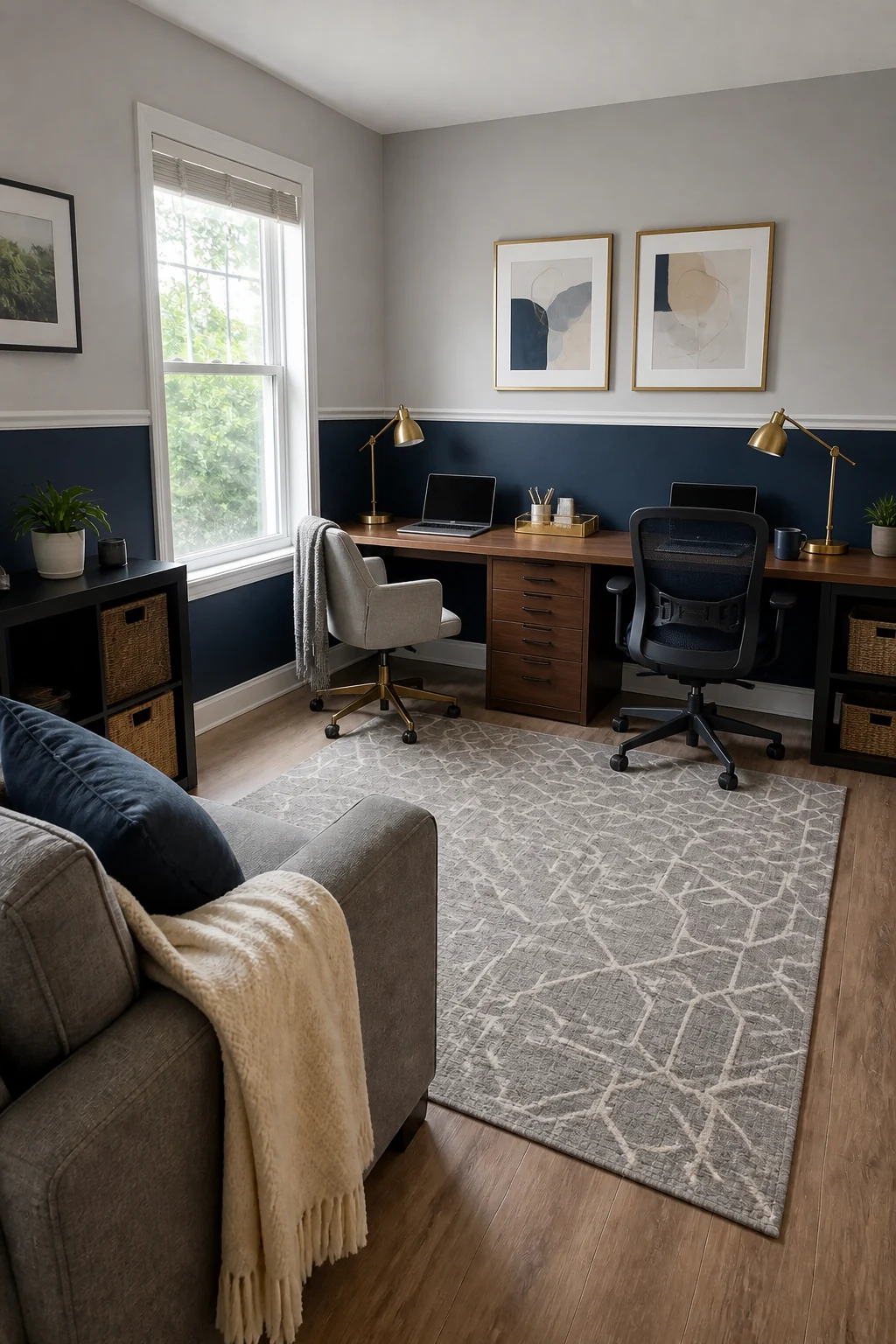 The same room styled as Shared Couple's Office