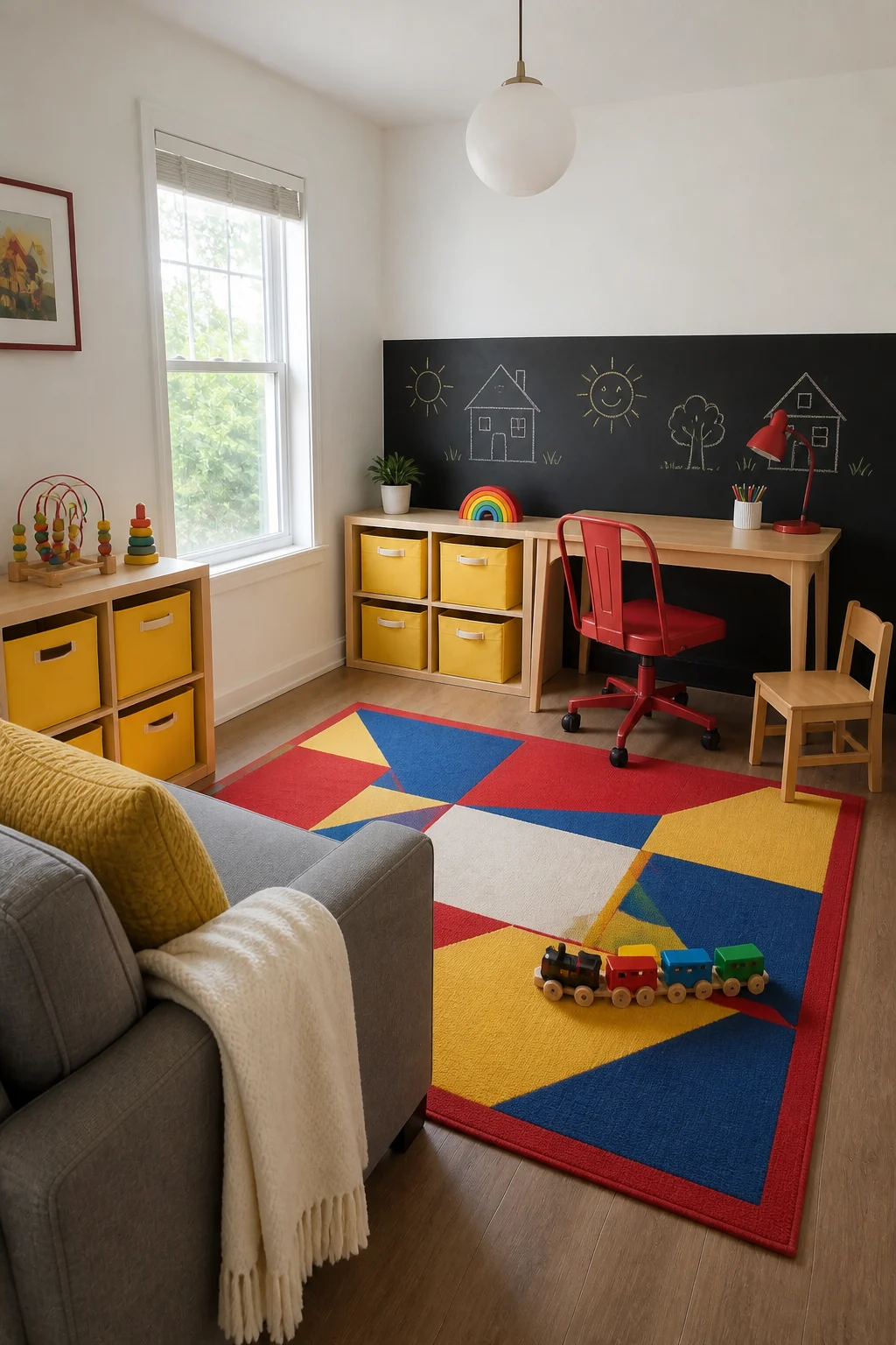 The same room styled as Work & Play Zone