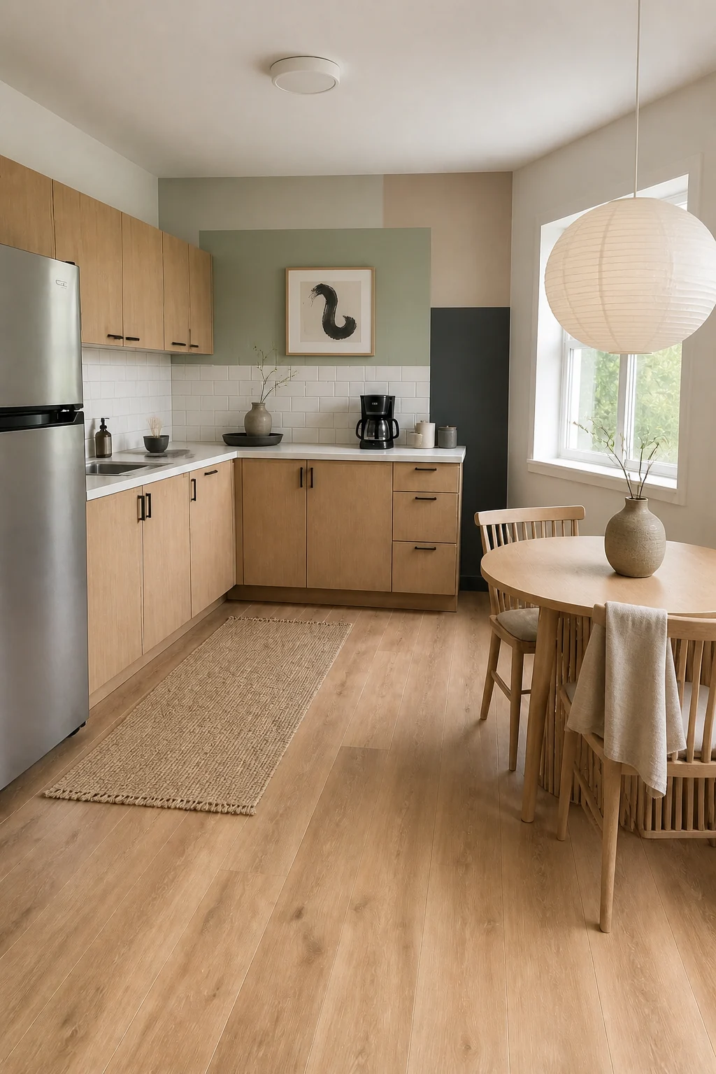 The same room styled as Minimalist Japandi