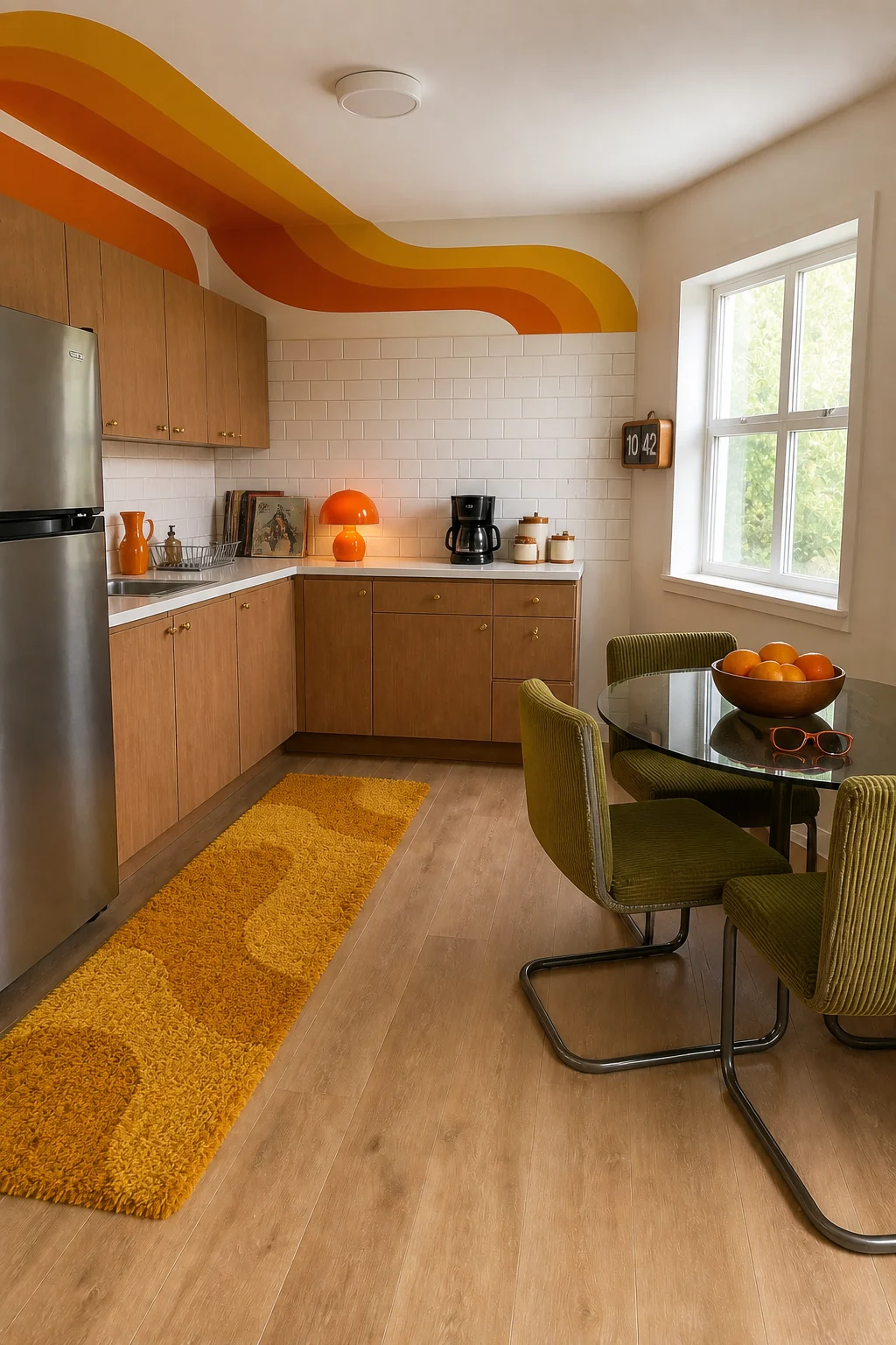 The same room styled as 70s Supergraphics