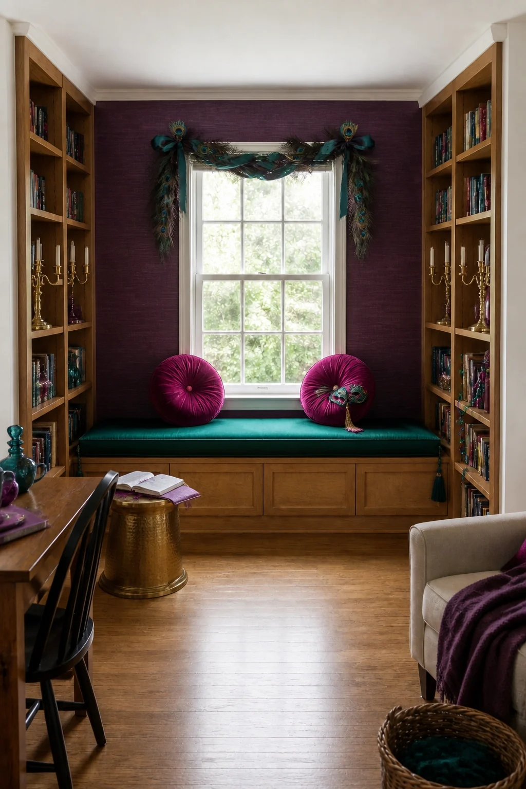 The same room styled as Jewel Tone Maximalist