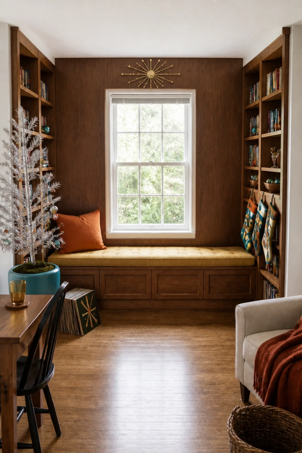 The same room styled as Mid-Century Modern