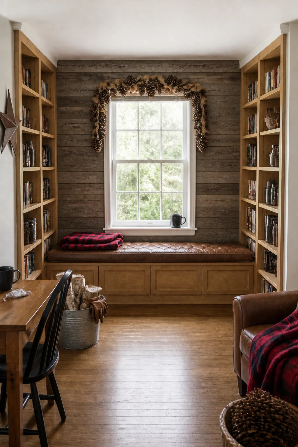 The same room styled as Rustic Cabin