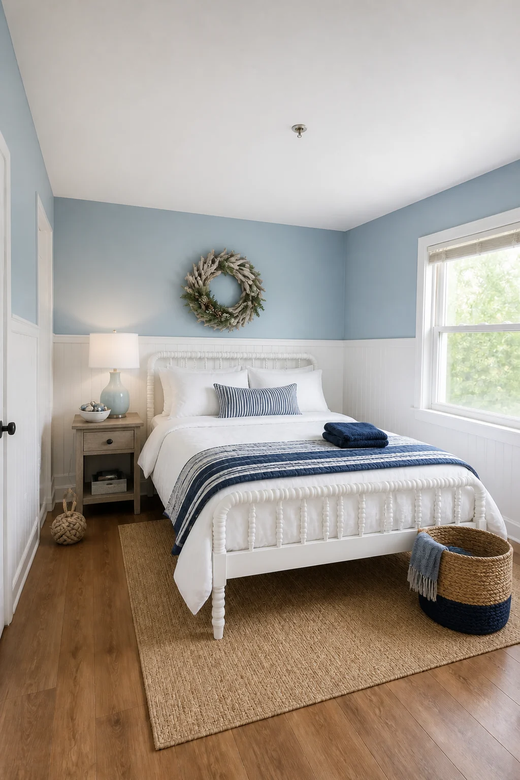 The same room styled as Coastal Holiday