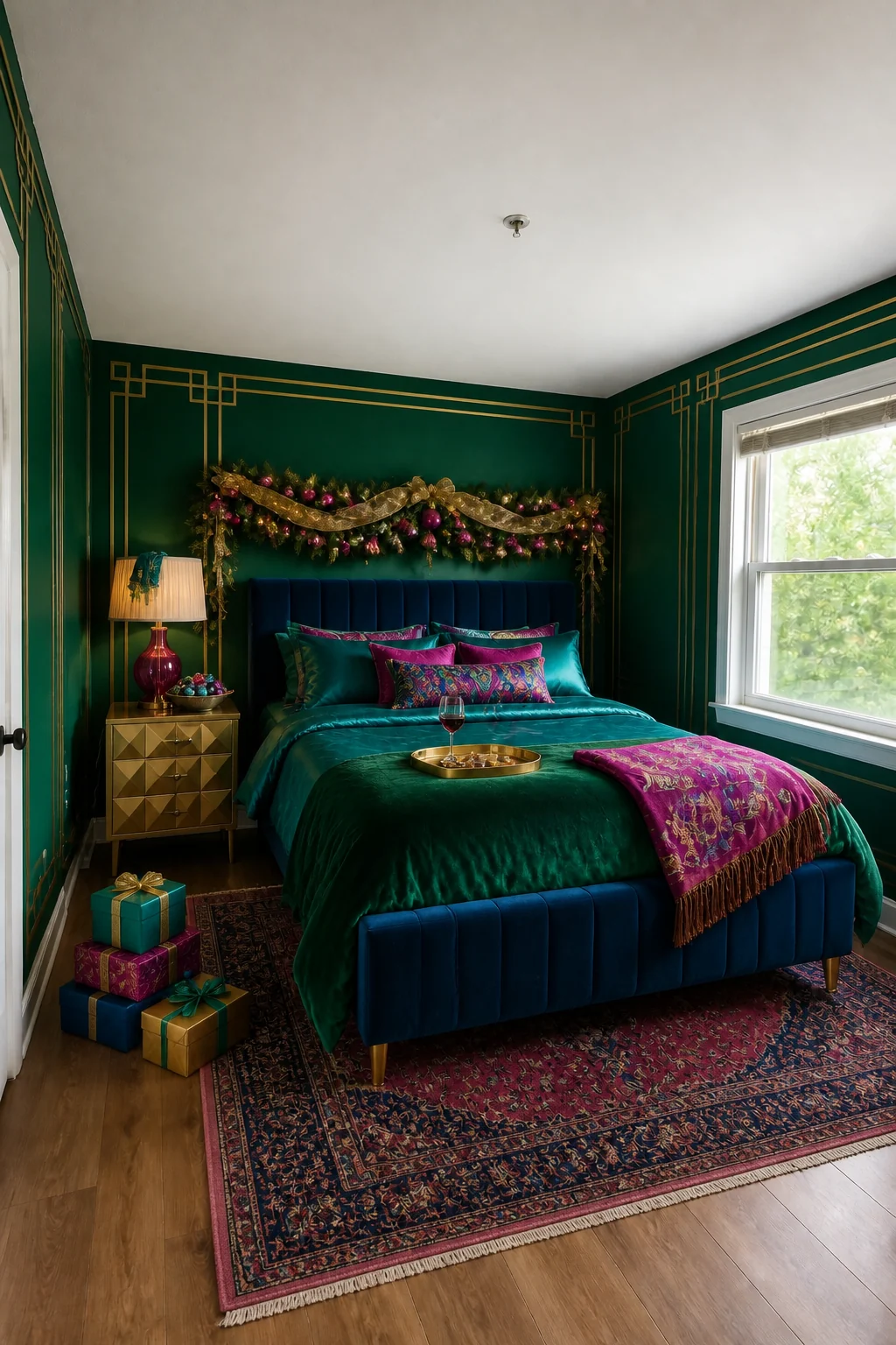 The same room styled as Jewel-Tone Maximalist