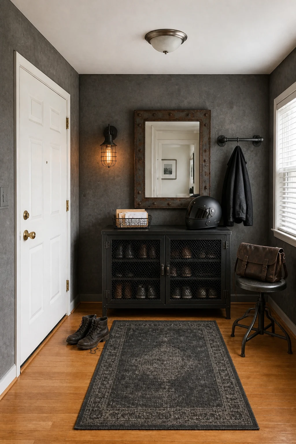 The same room styled as Industrial Noir