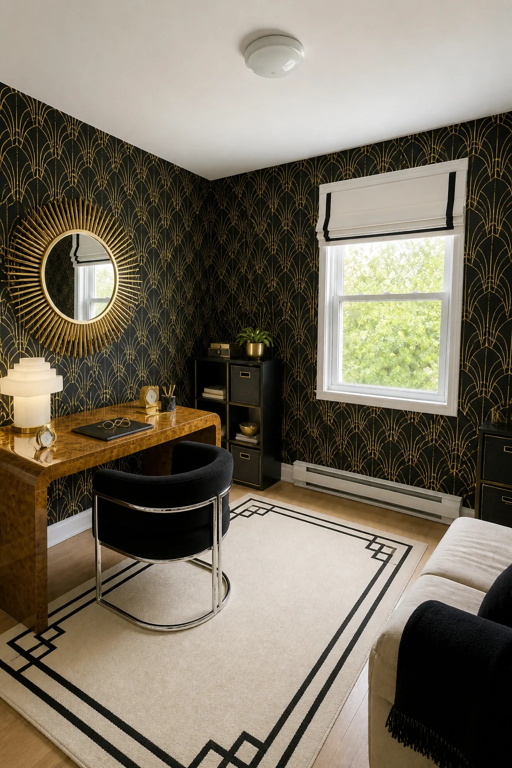 The same room styled as Art Deco Glamour