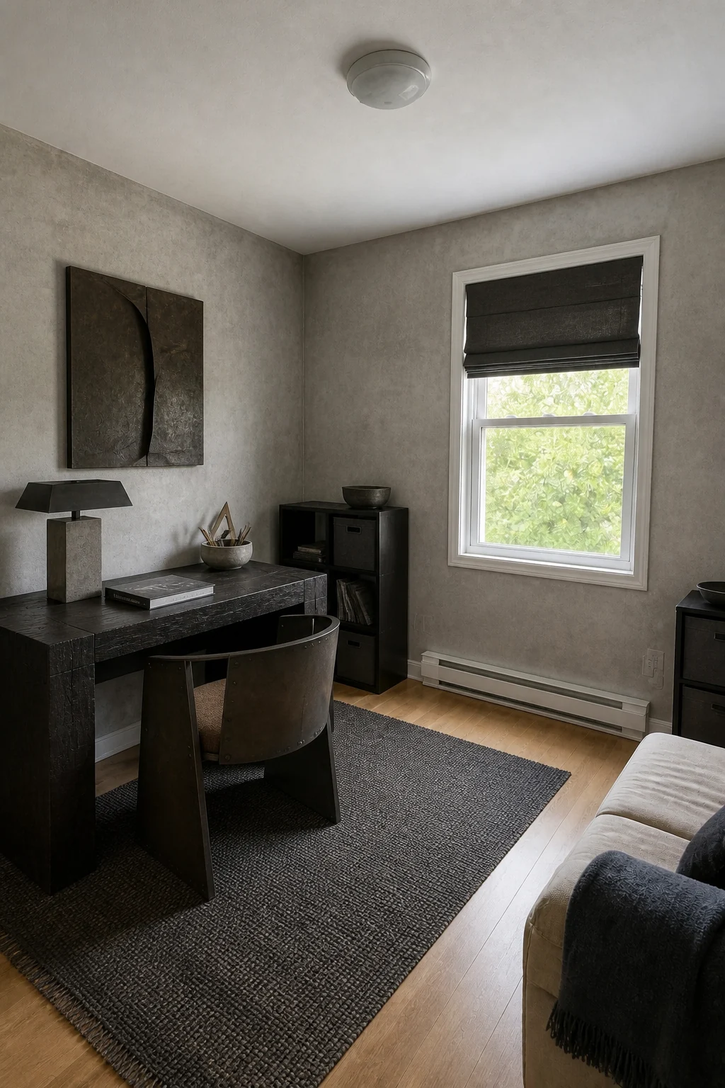 The same room styled as Brutalist Seventies