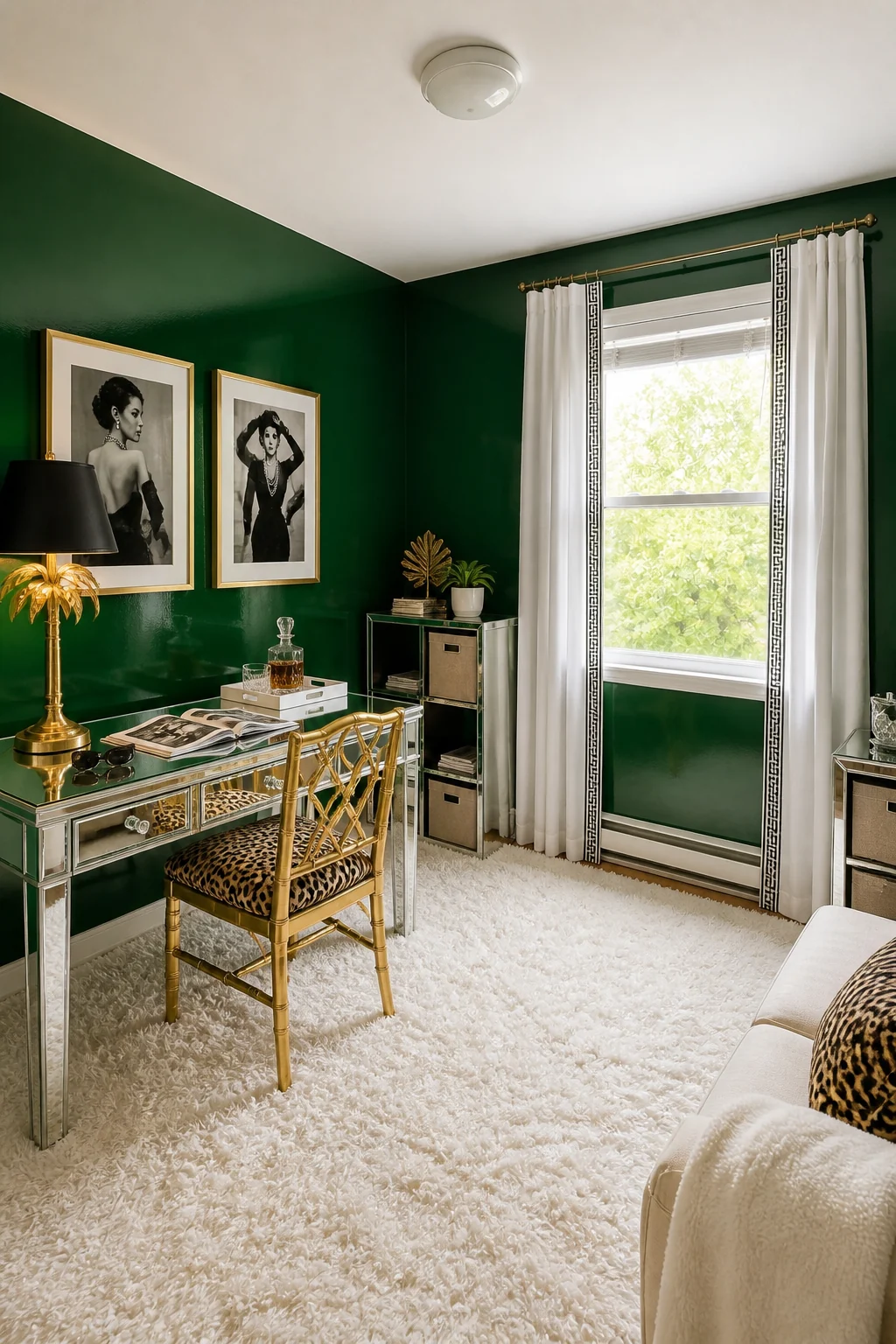 The same room styled as Hollywood Regency