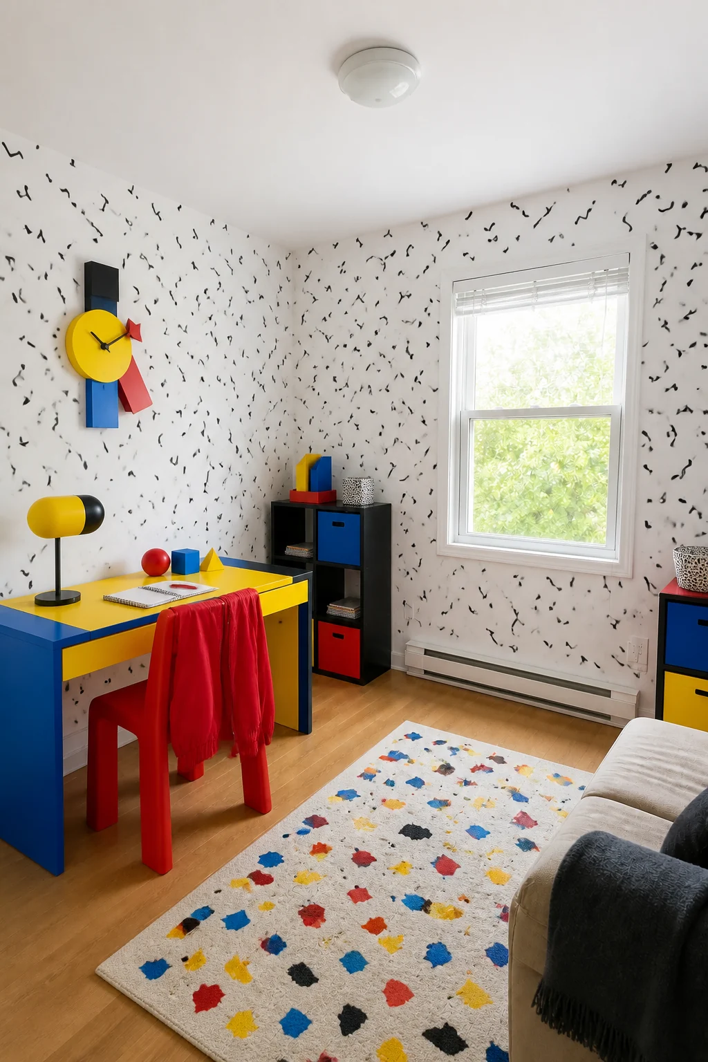 The same room styled as Memphis Milano