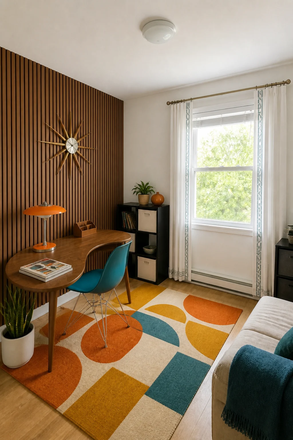 The same room styled as Mid-Century Modern