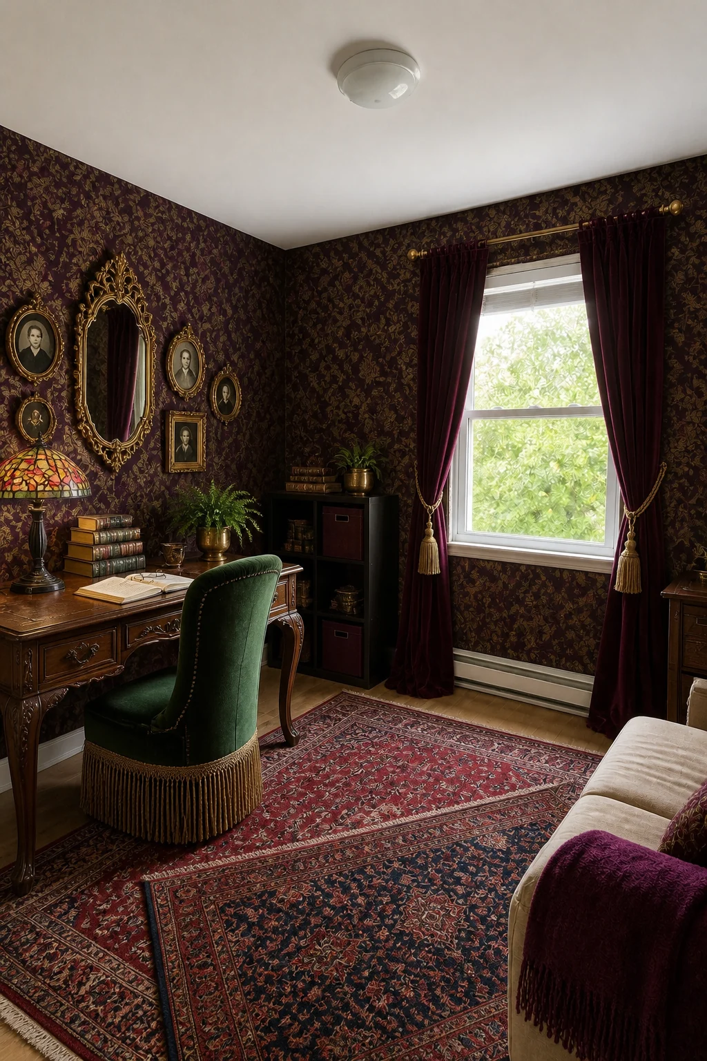 The same room styled as Victorian Maximalism