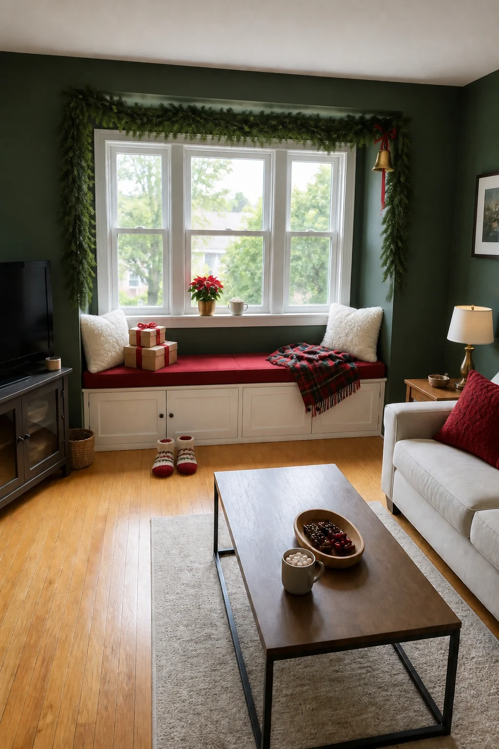 The same room styled as Classic Christmas