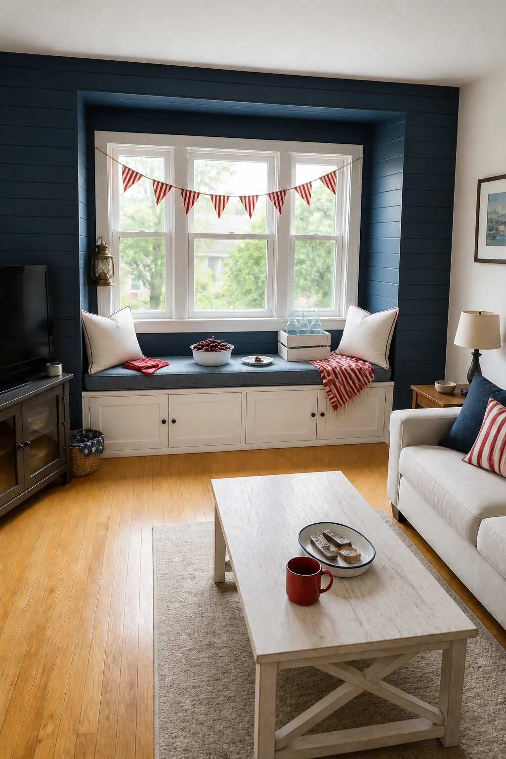 The same room styled as Fourth of July Americana