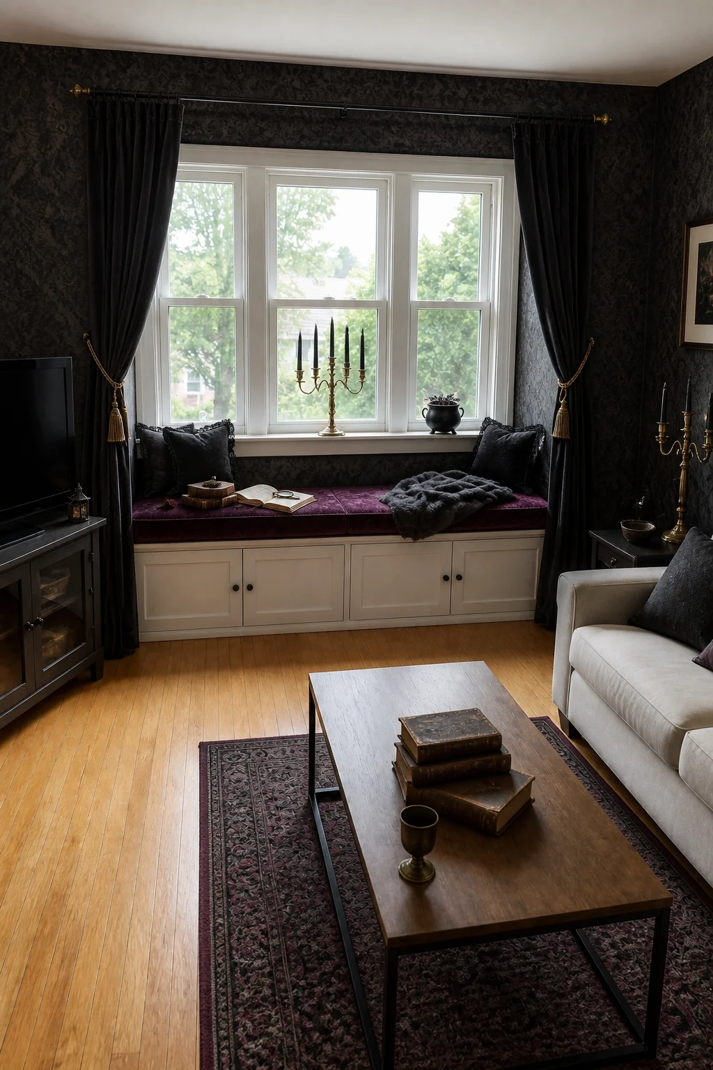 The same room styled as Halloween Gothic