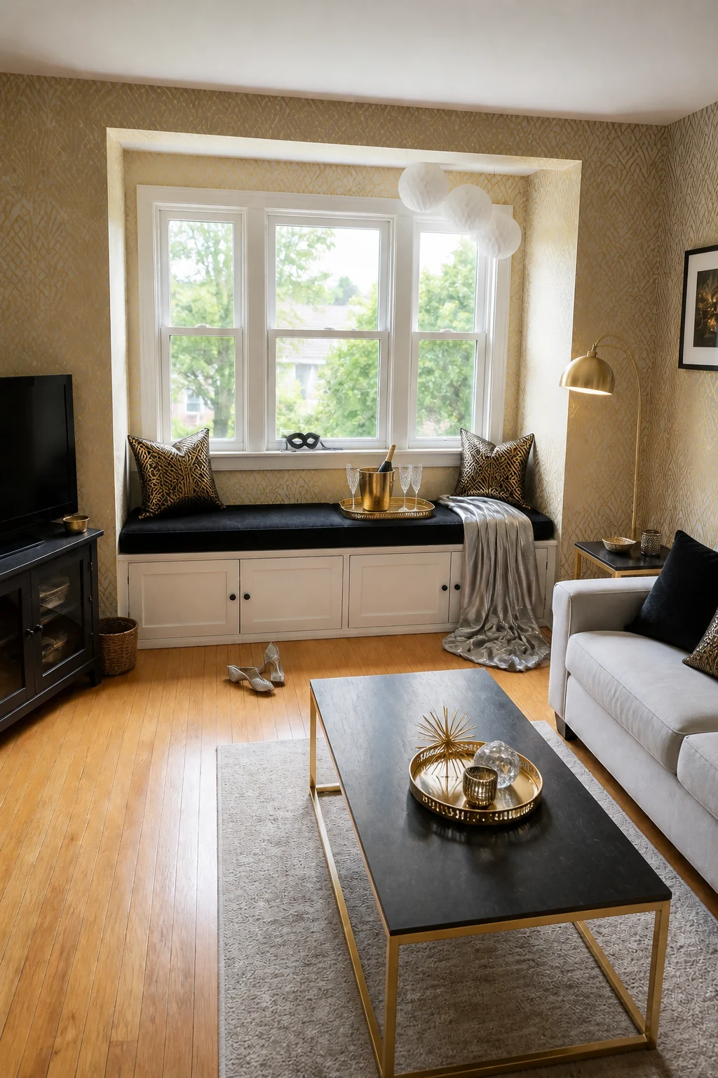 The same room styled as New Year's Glam