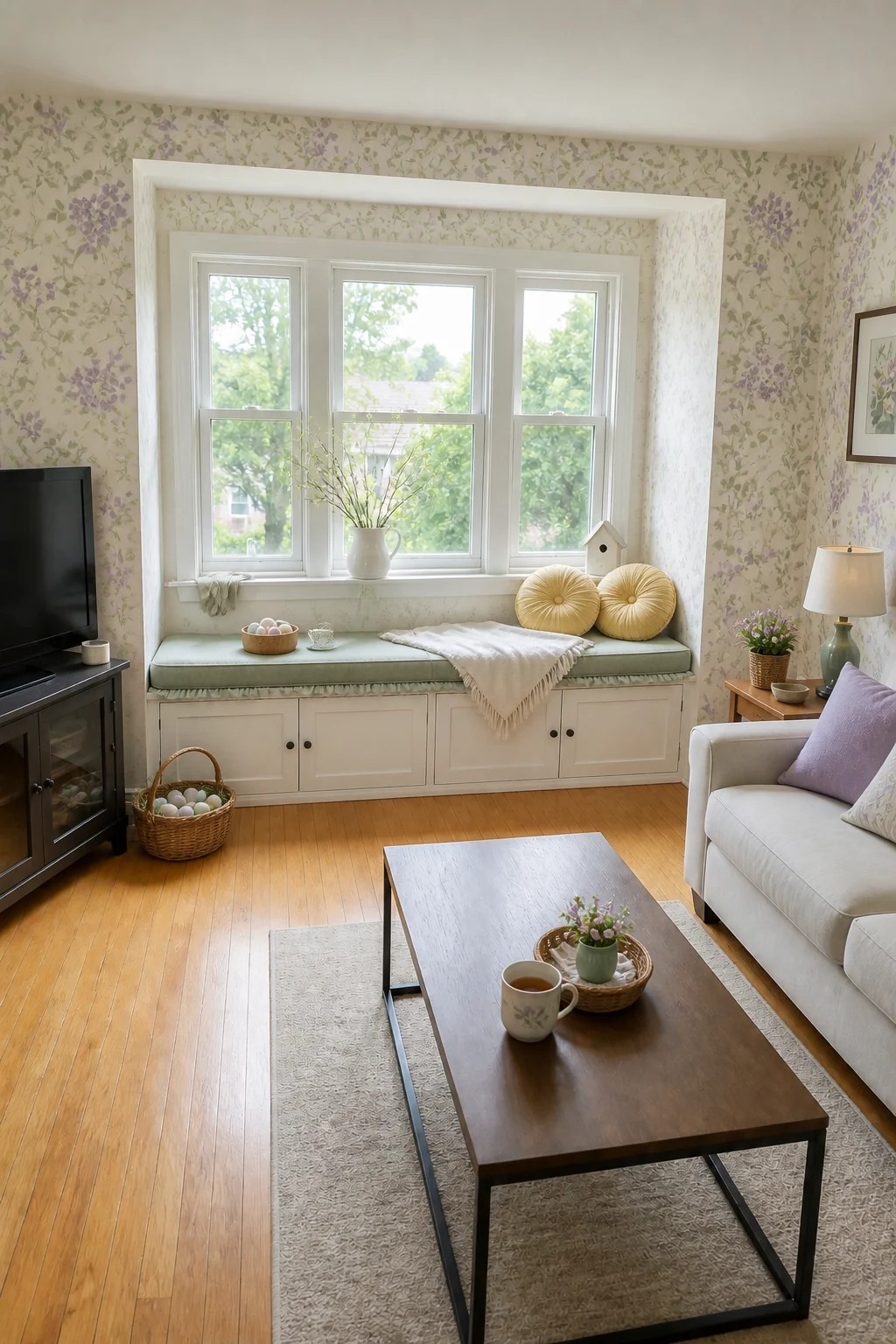 The same room styled as Spring Easter Garden