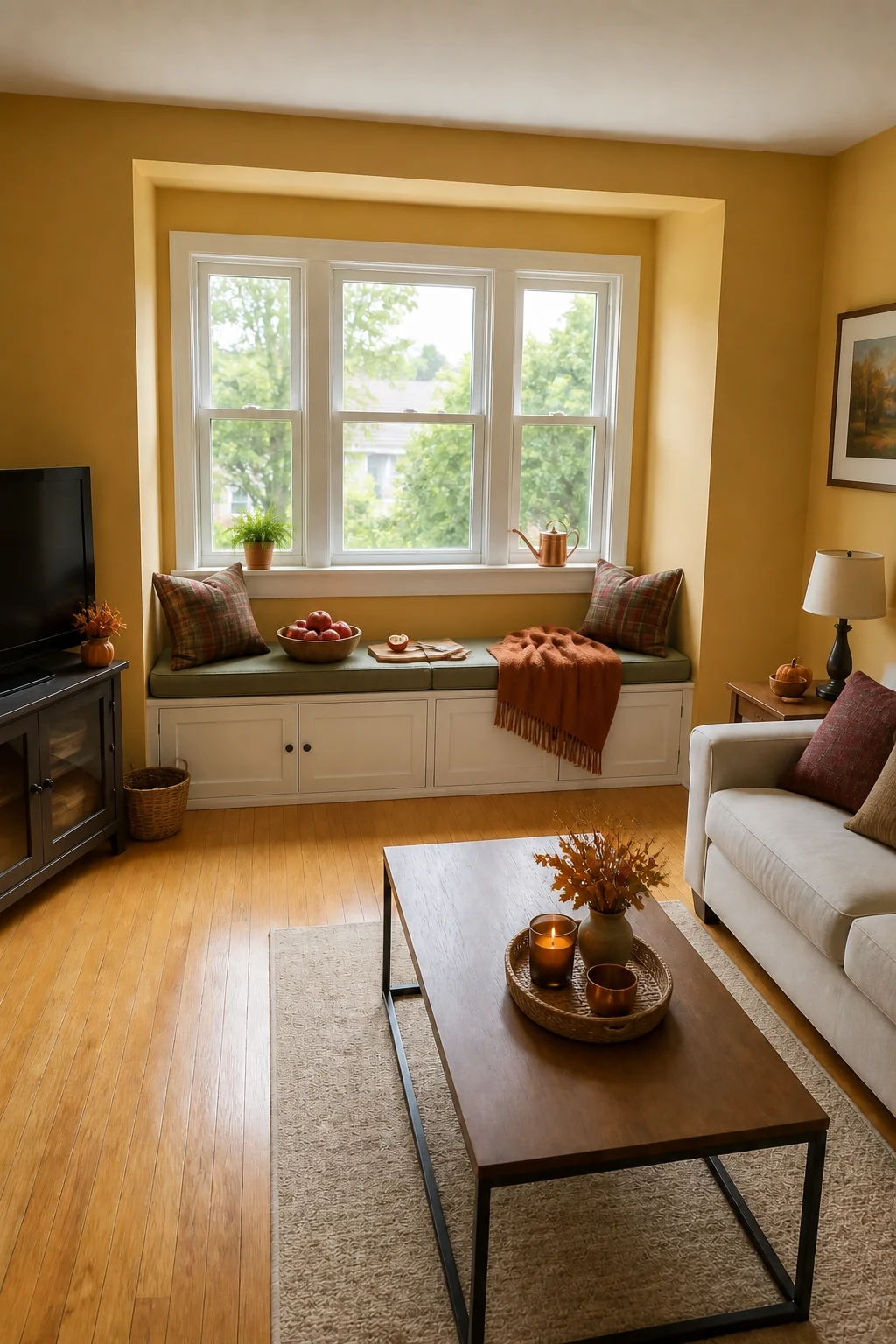 The same room styled as Thanksgiving Gathering
