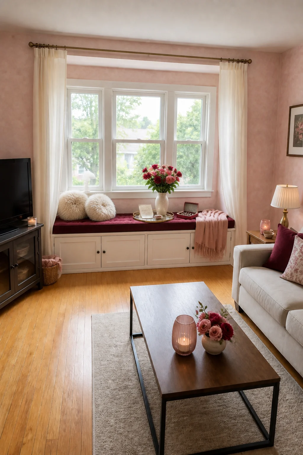 The same room styled as Valentine's Romance