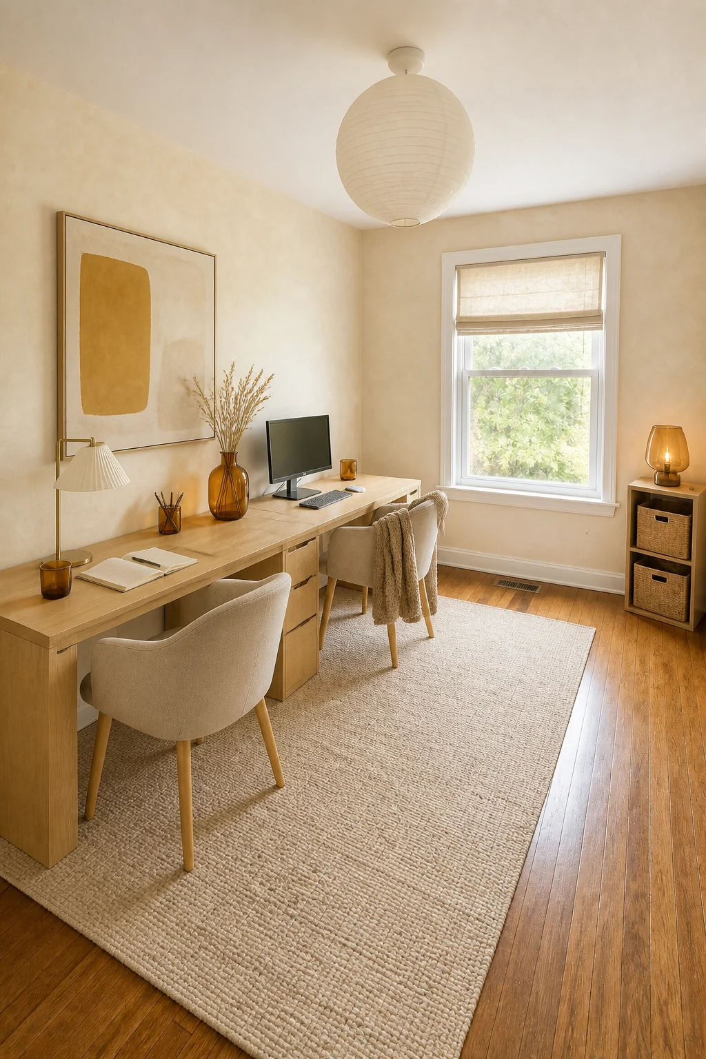 The same room styled as Golden Amber Minimalist
