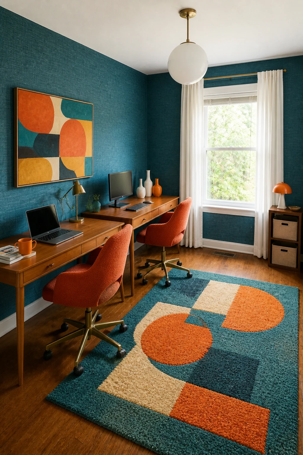 The same room styled as Burnt Orange & Teal Retro