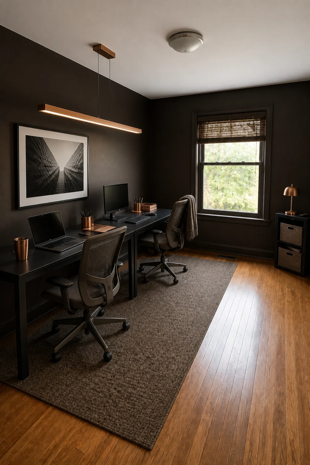 The same room styled as Espresso & Copper Moody